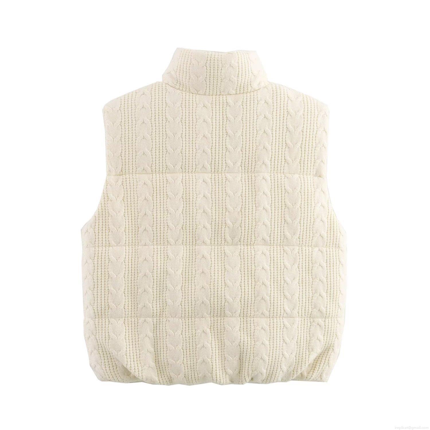Women's Fashion Cable Knit Padded Vest Stand Collar Sleeveless Zip Up Puffer Gilet Solid Color Warm Waistcoat With Pockets Streetwear Outwear for Ladies