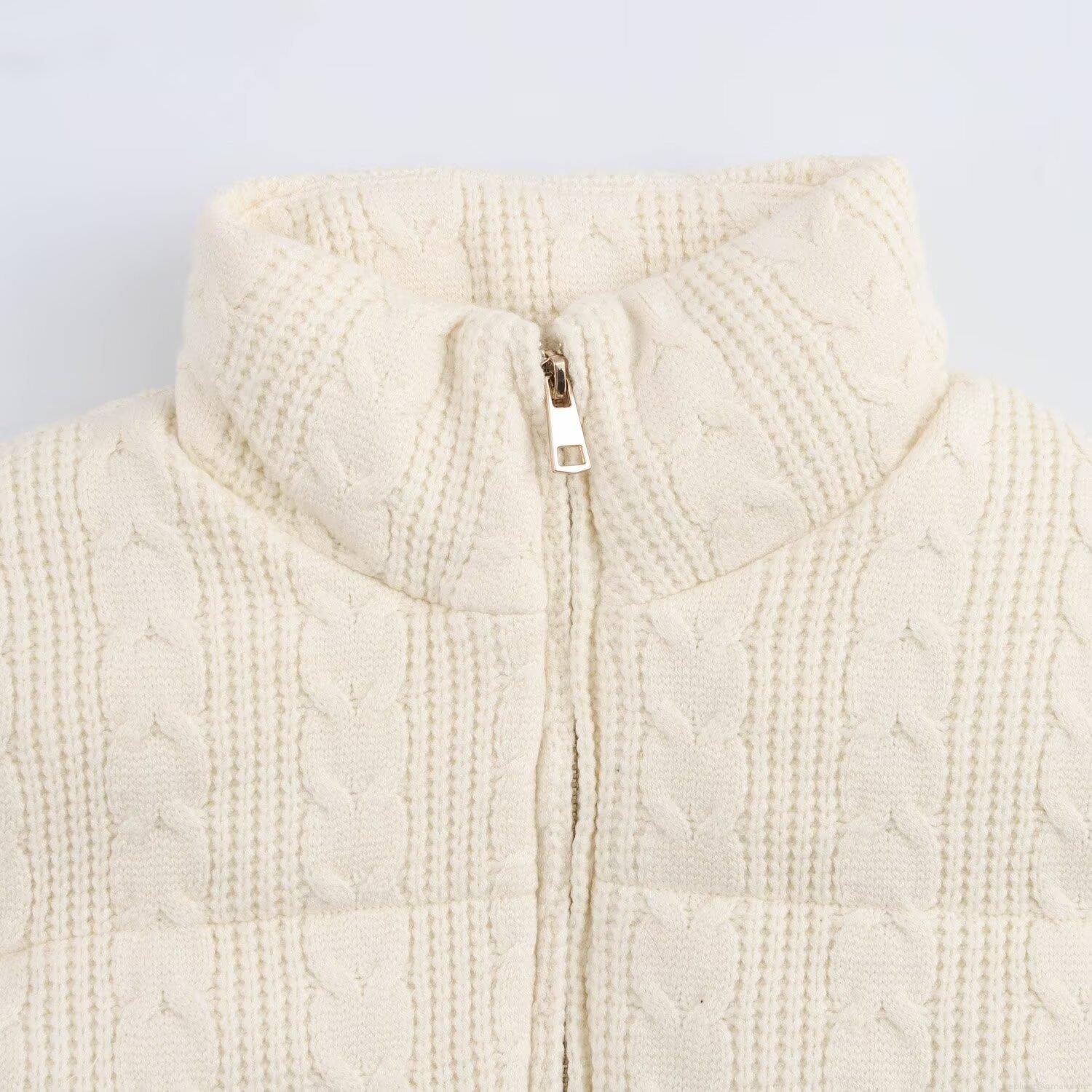 Women's Fashion Cable Knit Padded Vest Stand Collar Sleeveless Zip Up Puffer Gilet Solid Color Warm Waistcoat With Pockets Streetwear Outwear for Ladies