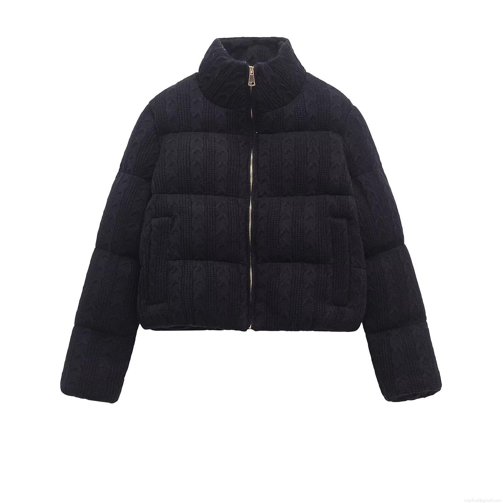 Women's Short Puffer Jacket Knit Texture Stand Collar Zipper Casual Warm Cotton Padded Coat Solid Color Polyester Outwear For Winter Spring Streetwear