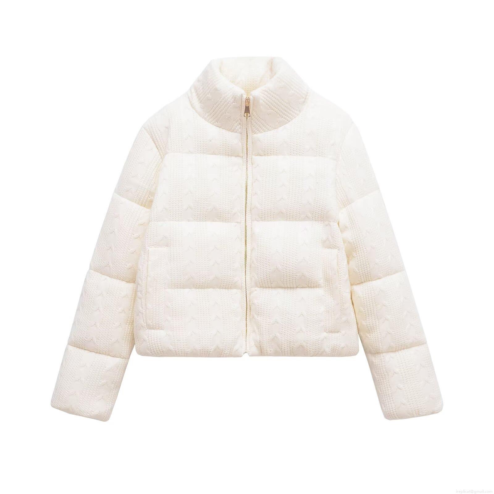 Women's Short Puffer Jacket Knit Texture Stand Collar Zipper Casual Warm Cotton Padded Coat Solid Color Polyester Outwear For Winter Spring Streetwear