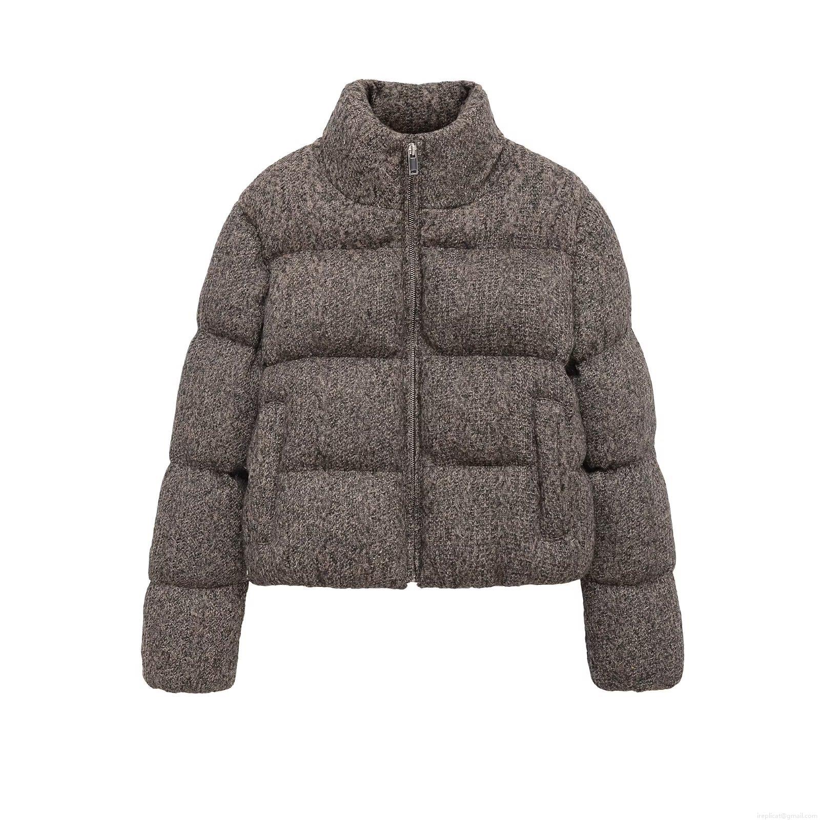 Women's Short Puffer Jacket Knit Texture Stand Collar Zipper Casual Warm Cotton Padded Coat Solid Color Polyester Outwear For Winter Spring Streetwear