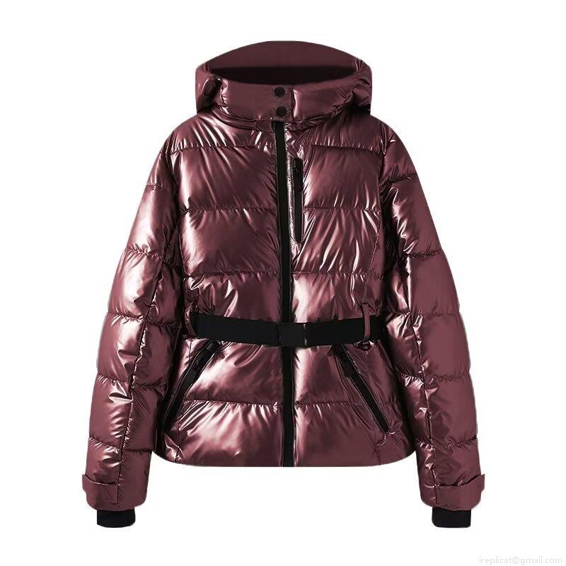Women's Metallic Shiny Puffer Jacket Hooded Windproof Warm Winter Coat With Belt Slim Fit For Skiing Outdoor Streetwear