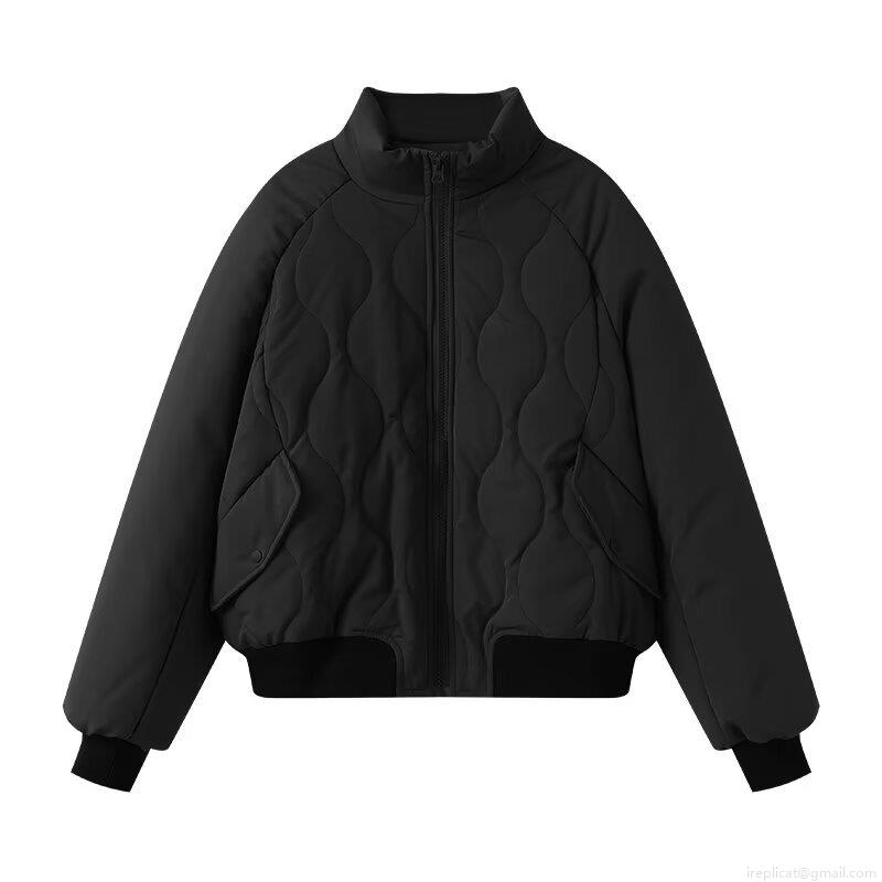 Women's Retro Quilted Pilot Jacket Padded Cotton Filled Oversized Stand Collar Puffer Coat Wave Quilted Warm Windproof Winter Outwear For Women Streetwear