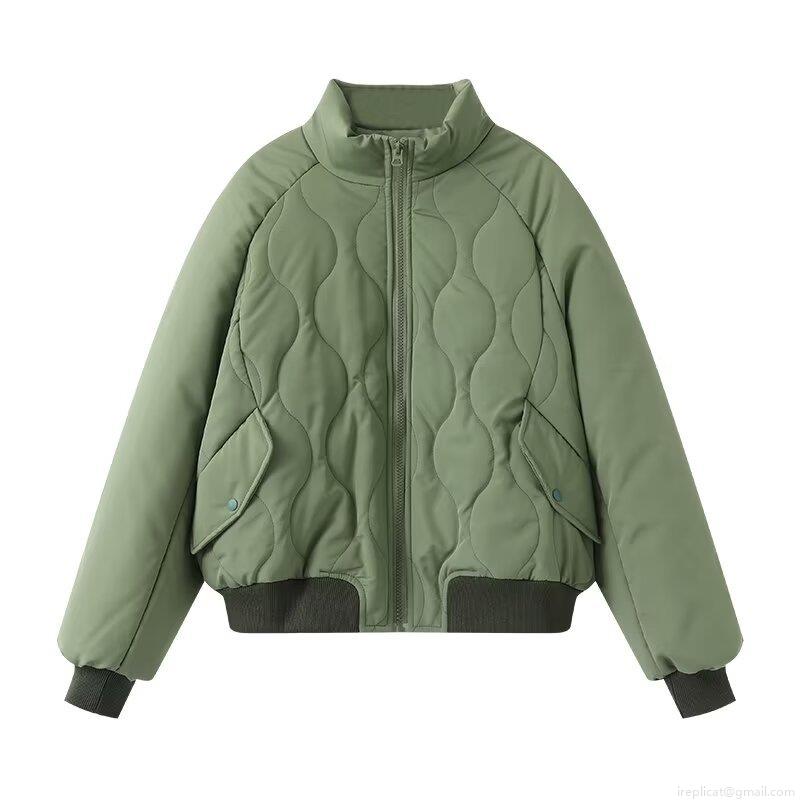 Women's Retro Quilted Pilot Jacket Padded Cotton Filled Oversized Stand Collar Puffer Coat Wave Quilted Warm Windproof Winter Outwear For Women Streetwear