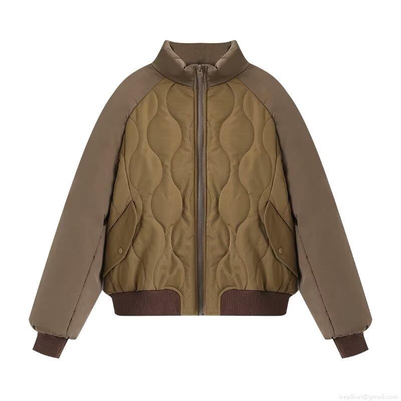 Women's Retro Quilted Pilot Jacket Padded Cotton Filled Oversized Stand Collar Puffer Coat Wave Quilted Warm Windproof Winter Outwear For Women Streetwear