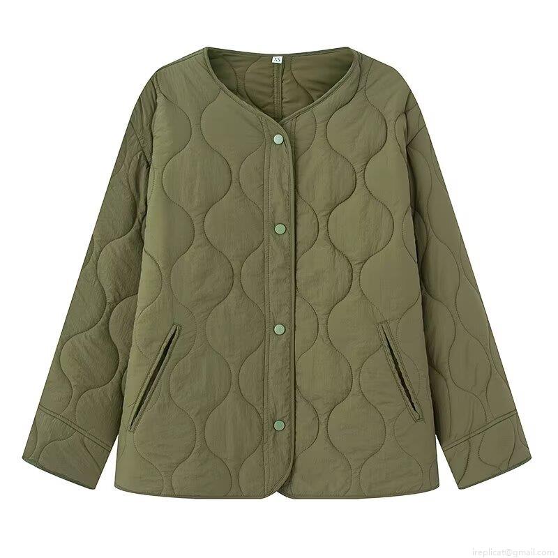 Women's Lightweight Quilted Padded Jacket Round Neck Long Sleeve Side Slit Loose Fit Solid Color Cotton Coat Casual Winter Warm Outerwear