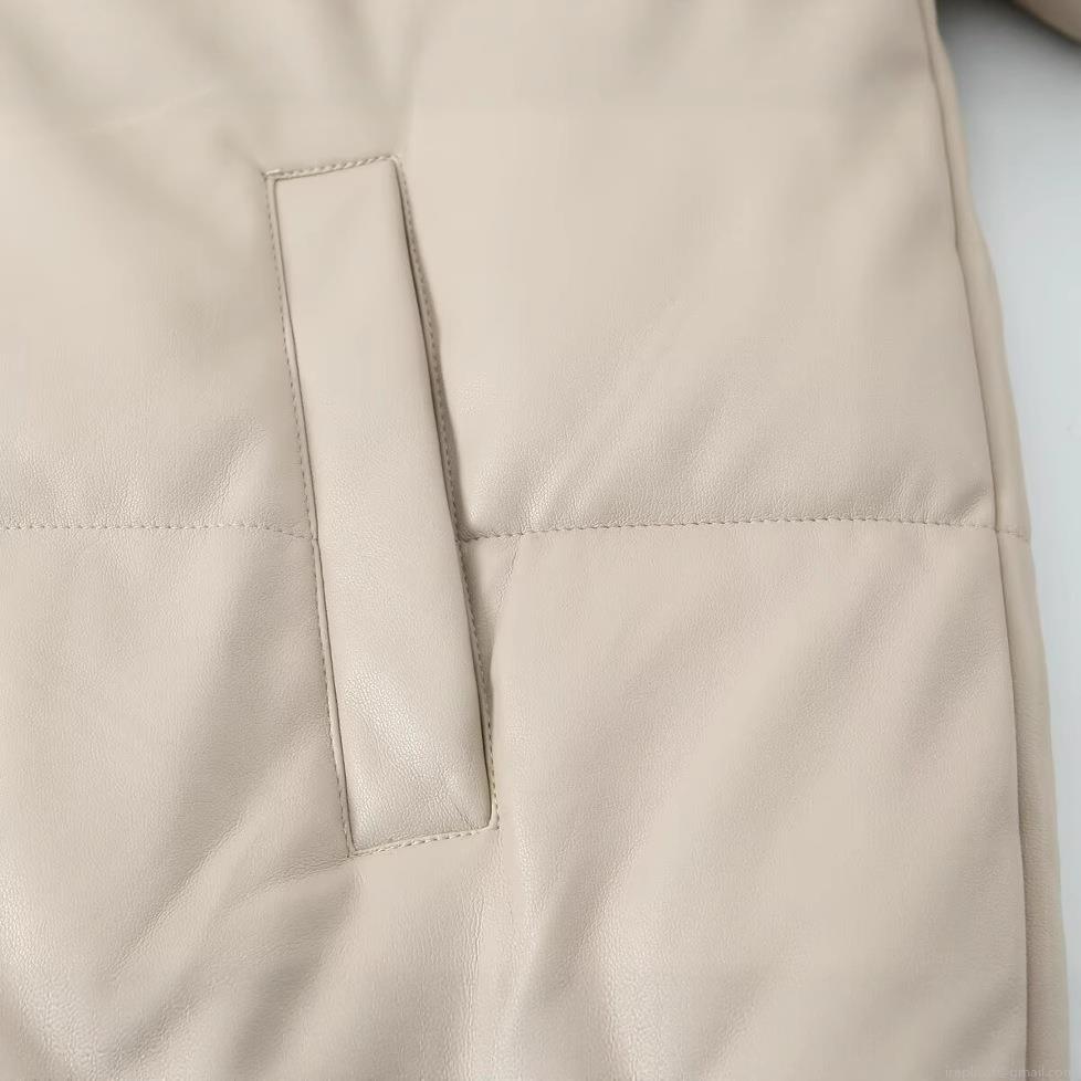 Women's Winter Puffer Jacket Faux PU Leather Stand Collar Long Sleeve Padded Bread Coat Solid Color Warm Quilted Outerwear Casual Streetwear For Ladies