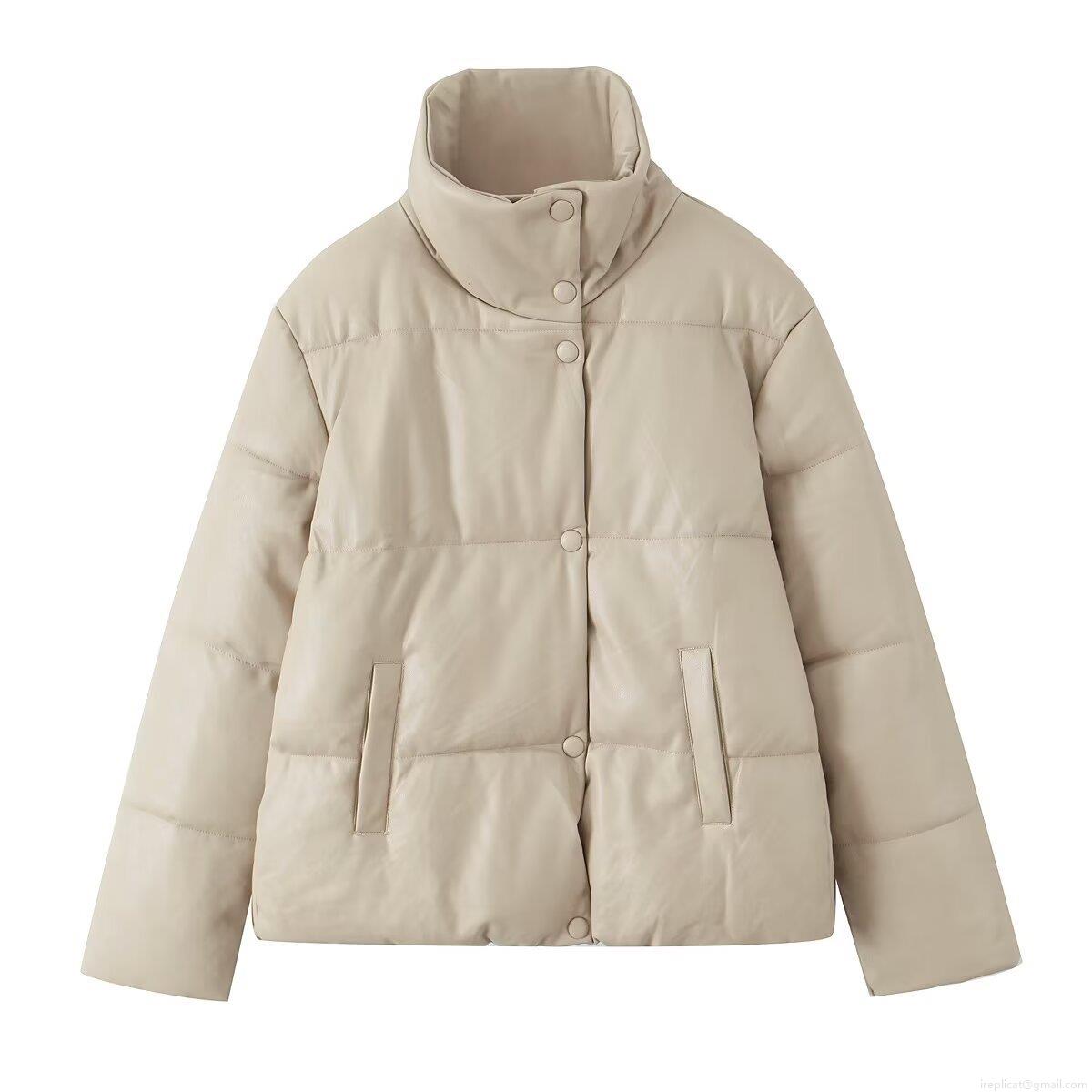 Women's Winter Puffer Jacket Faux PU Leather Stand Collar Long Sleeve Padded Bread Coat Solid Color Warm Quilted Outerwear Casual Streetwear For Ladies