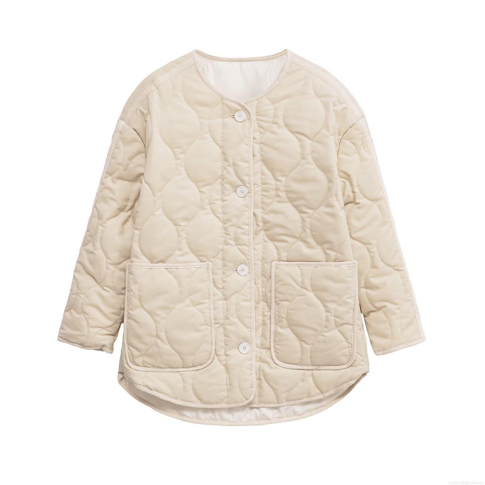 Women's Quilted Padded Jacket Mid-Length Round Neck Long Sleeve Single Breasted Coat With Pockets Polyester Cotton Filling Loose Fit Warm Streetwear Outwear