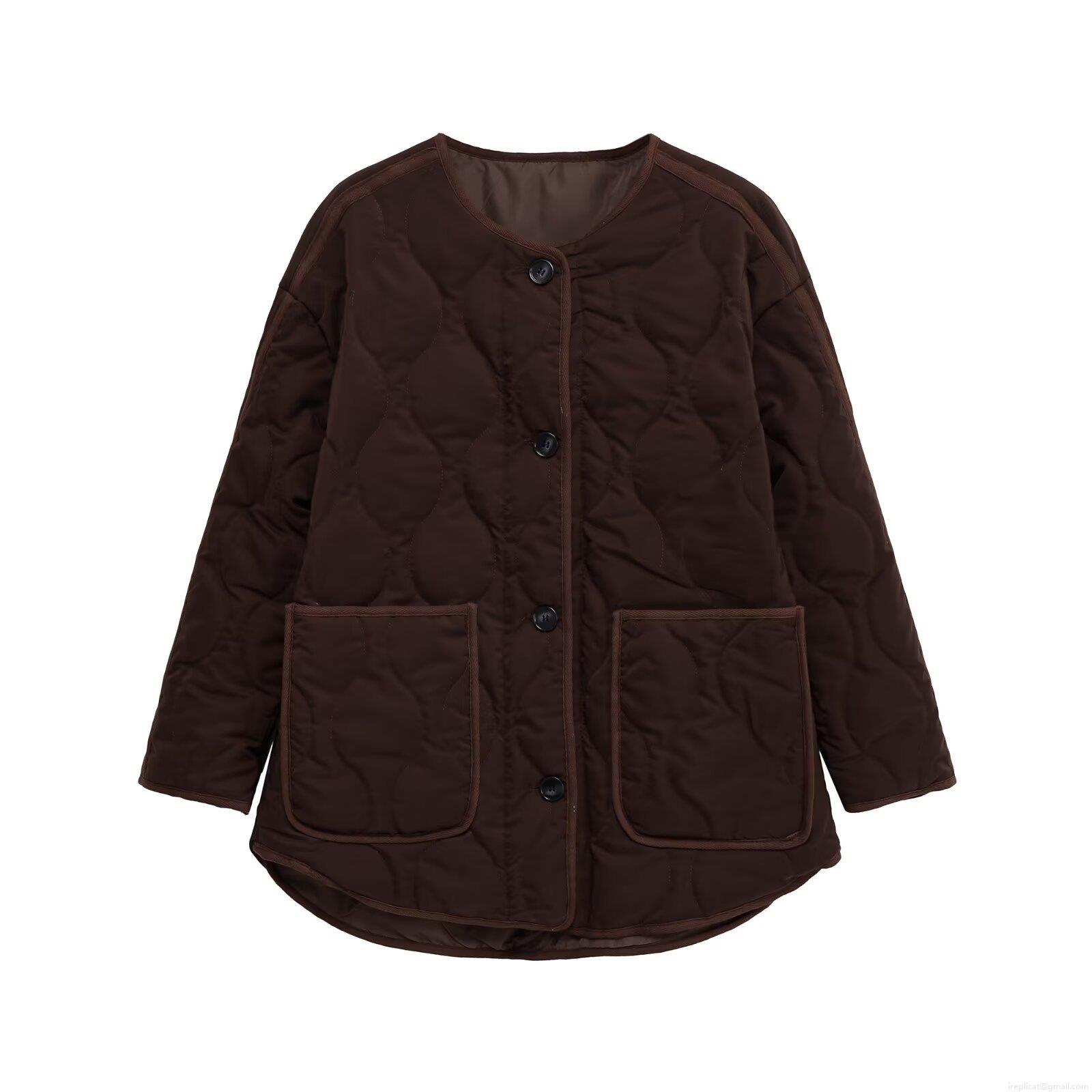 Women's Quilted Padded Jacket Mid-Length Round Neck Long Sleeve Single Breasted Coat With Pockets Polyester Cotton Filling Loose Fit Warm Streetwear Outwear
