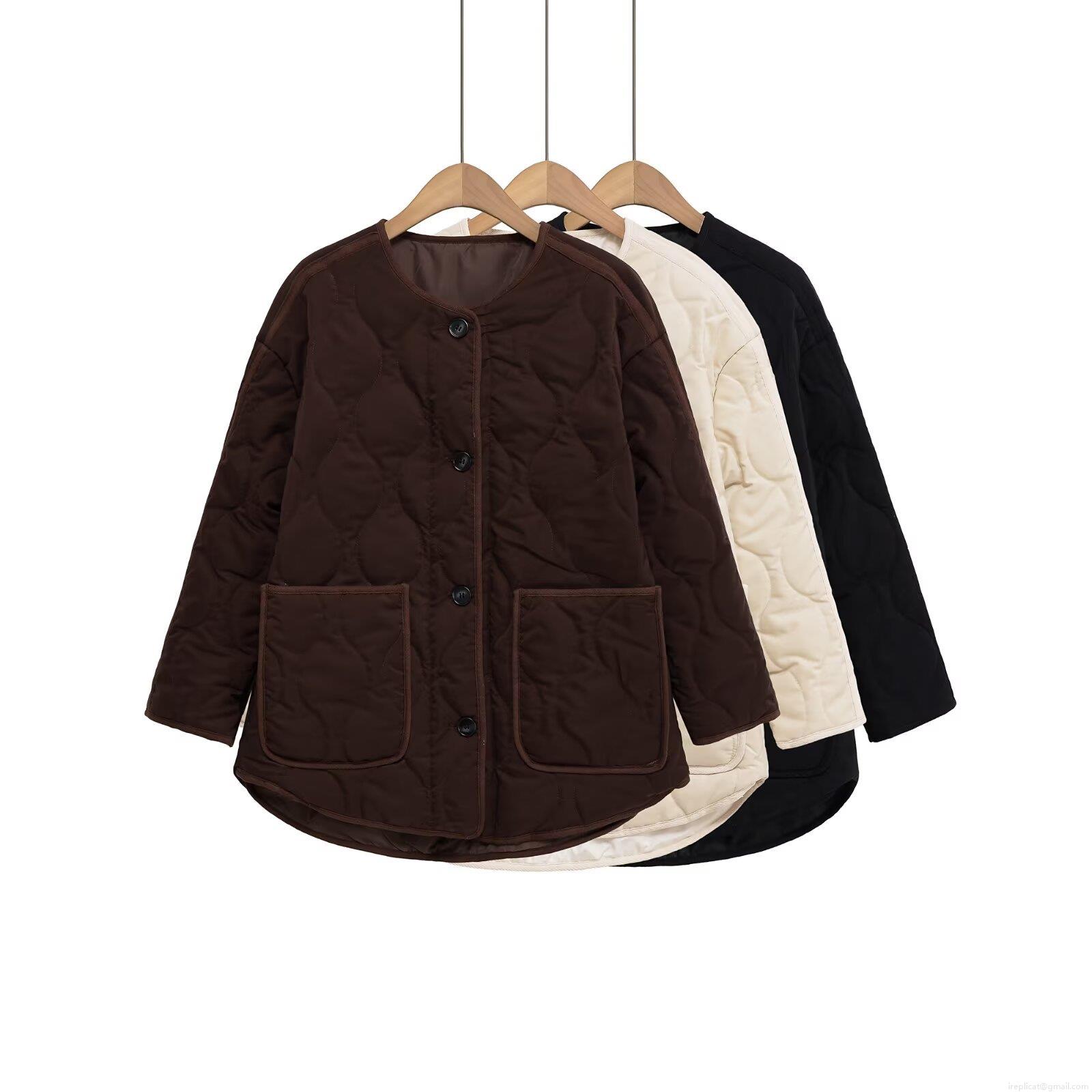 Women's Quilted Padded Jacket Mid-Length Round Neck Long Sleeve Single Breasted Coat With Pockets Polyester Cotton Filling Loose Fit Warm Streetwear Outwear