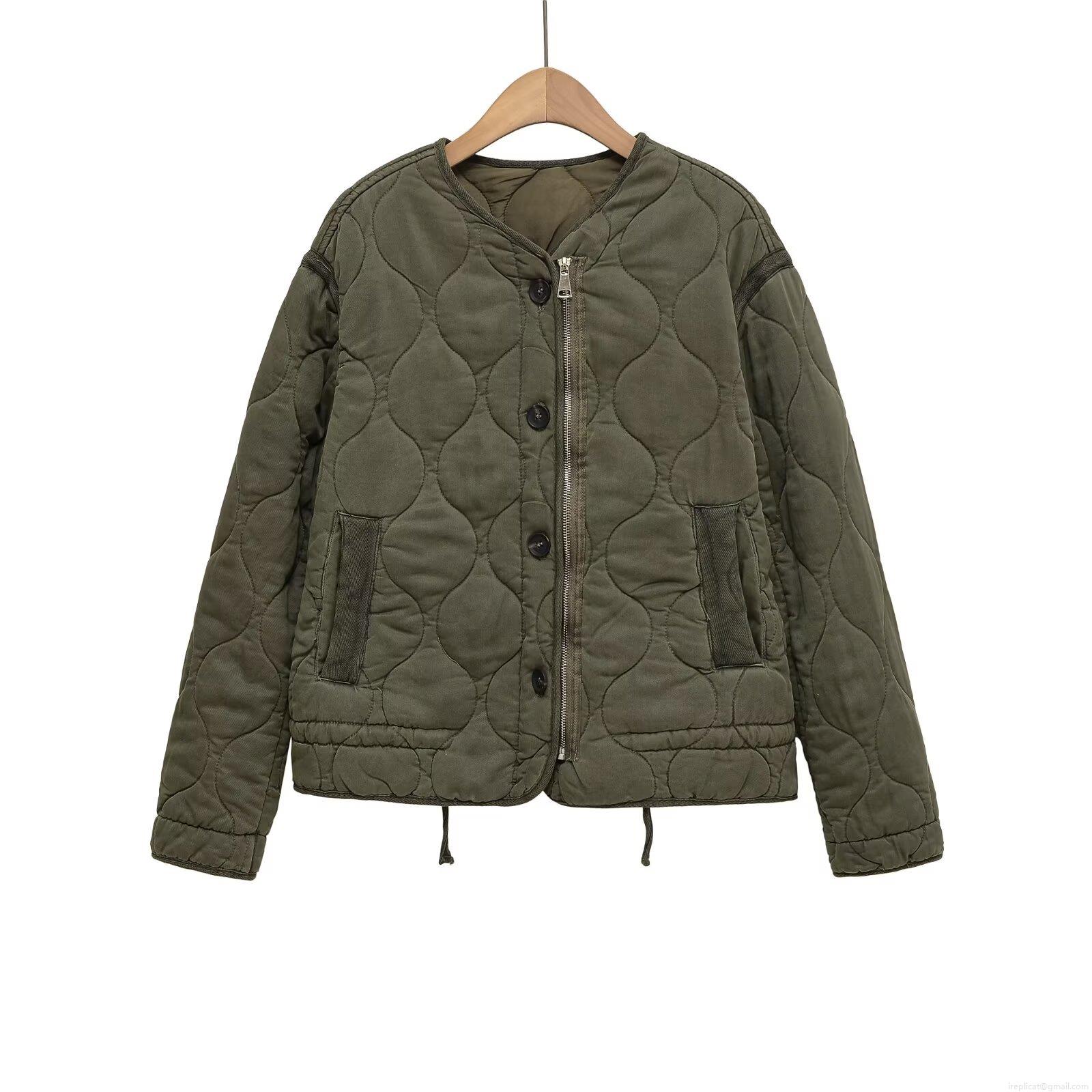 Women Casual Loose Quilted Cotton Padded Jacket Winter Round Neck Long Sleeve Outerwear Coat With Zipper And Buttons Streetwear For Ladies Polyester Warm