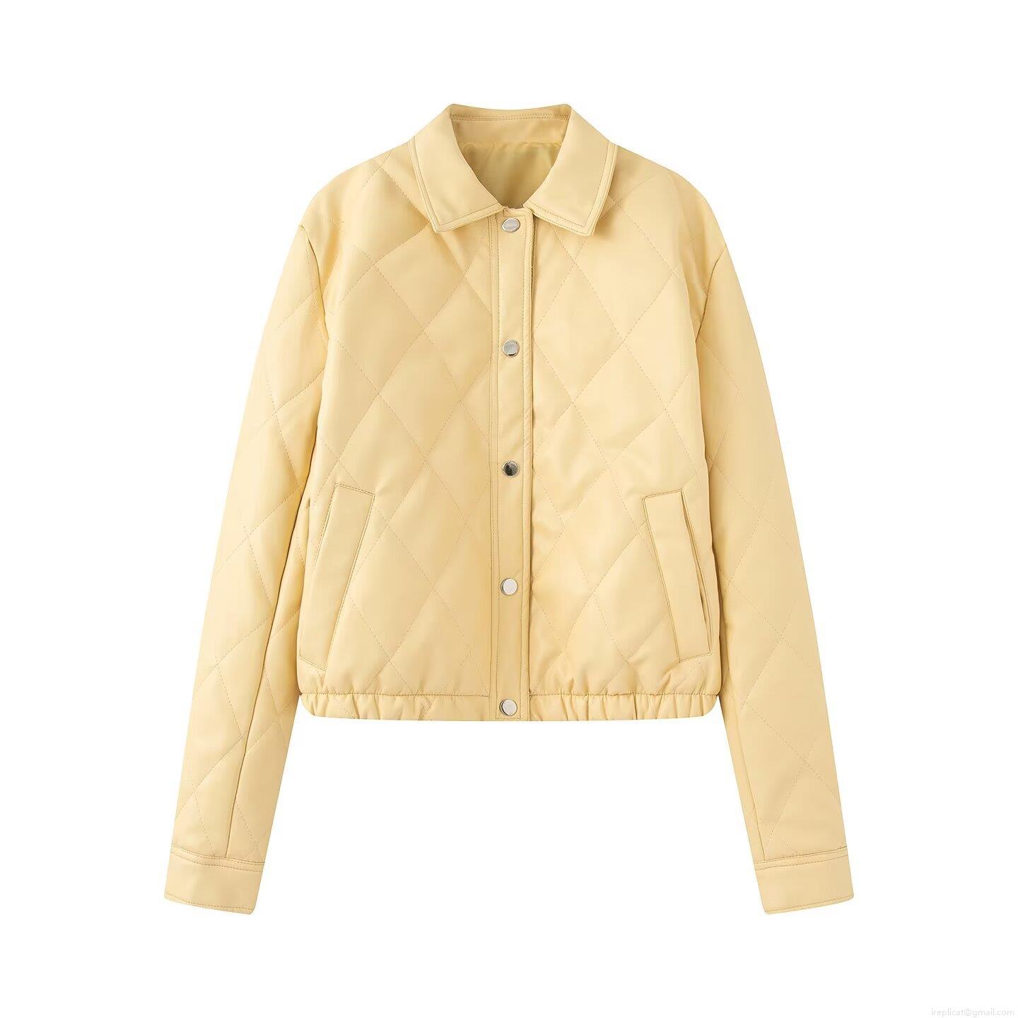 Women's Winter PU Leather Quilted Jacket Lapel Single Breasted Rhombus Padded Outerwear Long Sleeve Streetwear Warm Coat For Women