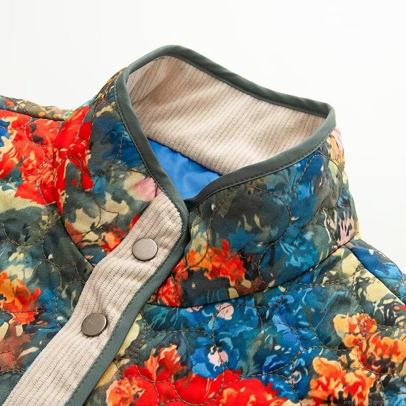 Women's Winter Floral Print Quilted Cotton-Padded Jacket Stand Collar Long Sleeve Warm Padded Coat Thick Outerwear Streetwear Casual Jacket With Snap Buttons