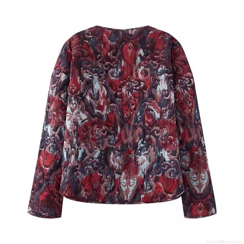 Women's Abstract Print Quilted Jacket Round Neck Long Sleeve Single-Breasted Puffer Coat With Pockets Vintage Artistic Winter Outerwear