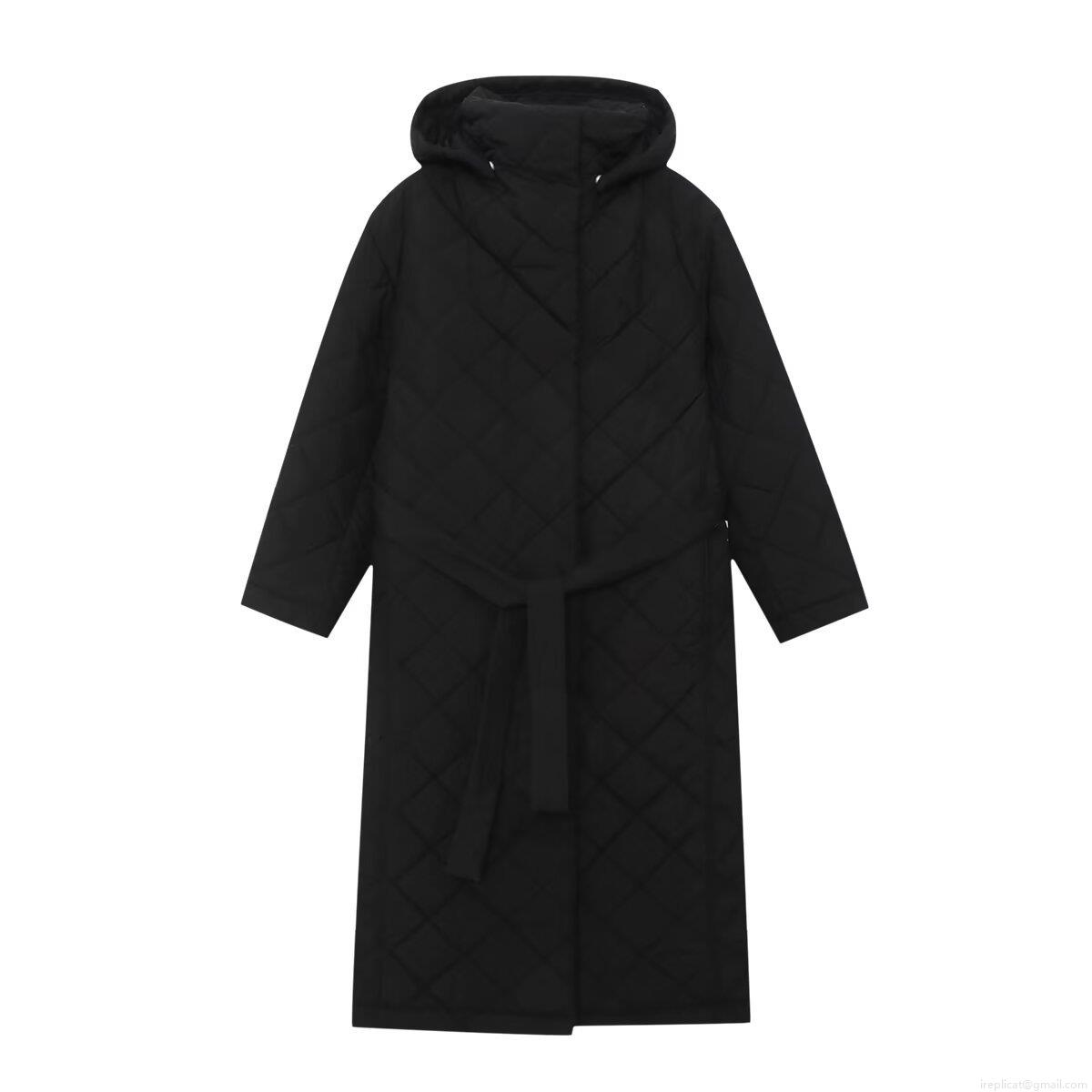 Women Long Hooded Diamond Quilted Puffer Coat With Belt Solid Color Polyester Padded Winter Jacket Warm Streetwear Outerwear For Women