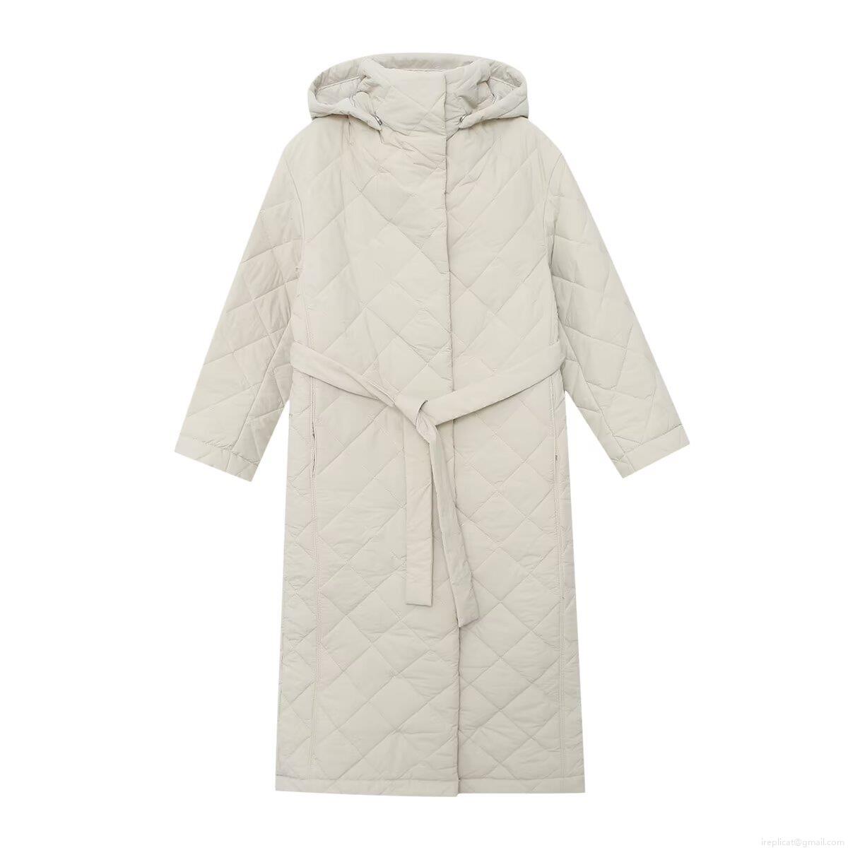 Women Long Hooded Diamond Quilted Puffer Coat With Belt Solid Color Polyester Padded Winter Jacket Warm Streetwear Outerwear For Women