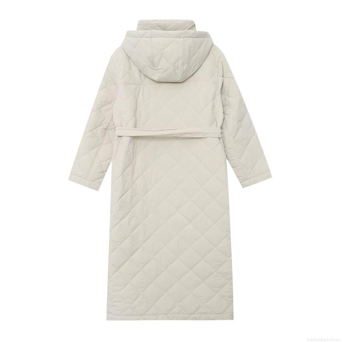 Women Long Hooded Diamond Quilted Puffer Coat With Belt Solid Color Polyester Padded Winter Jacket Warm Streetwear Outerwear For Women