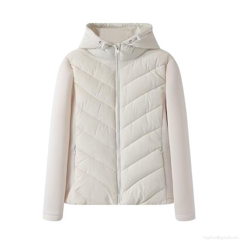 Women's Hooded Spliced Padded Jacket Winter Warm V-Quilted Long Sleeve Zipper Coat Outdoor Streetwear Solid Color Outwear