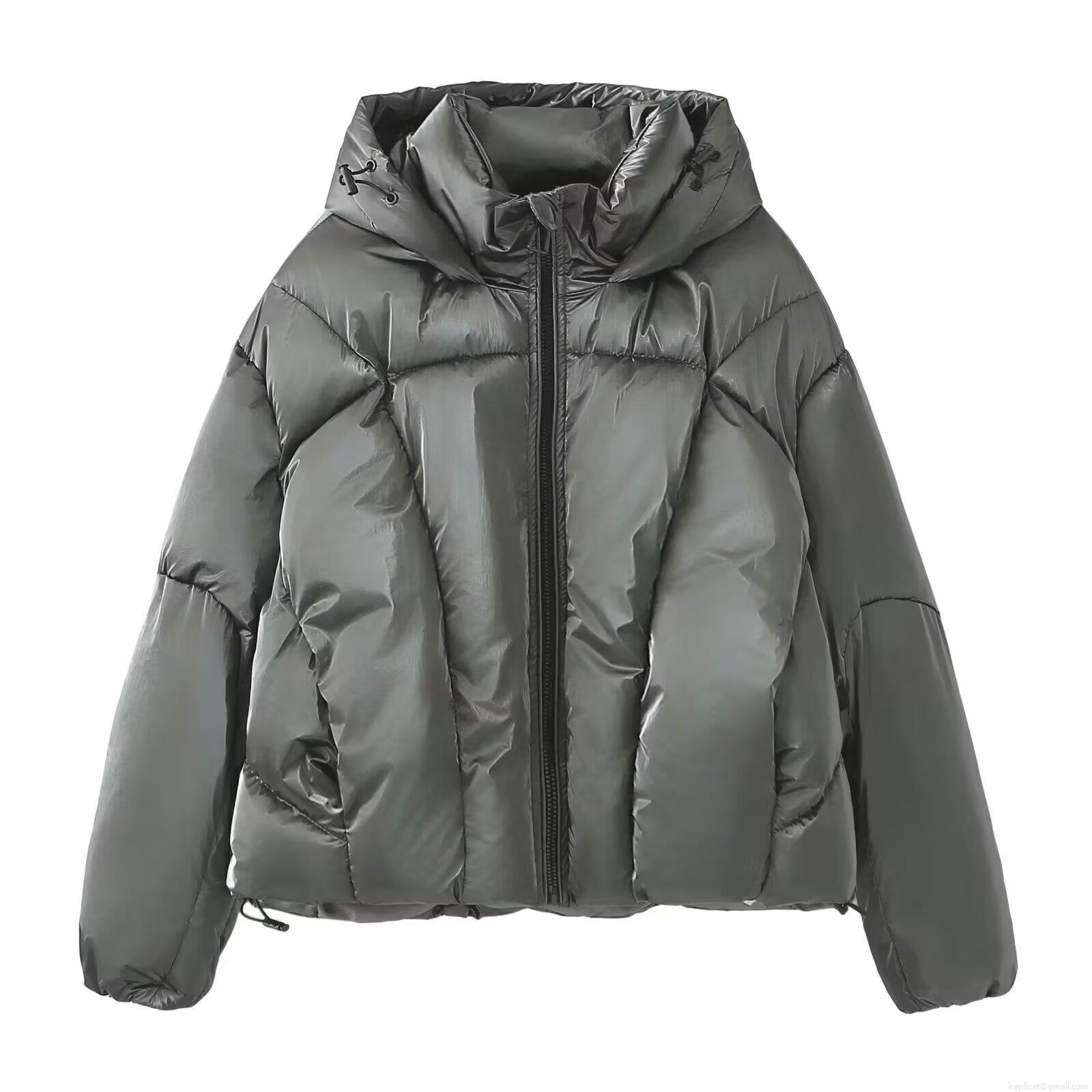 Women's Metallic Glossy Puffer Jacket Hooded Winter Padded Coat Warm Windproof Streetwear Short Quilted Bread Jacket For Ladies