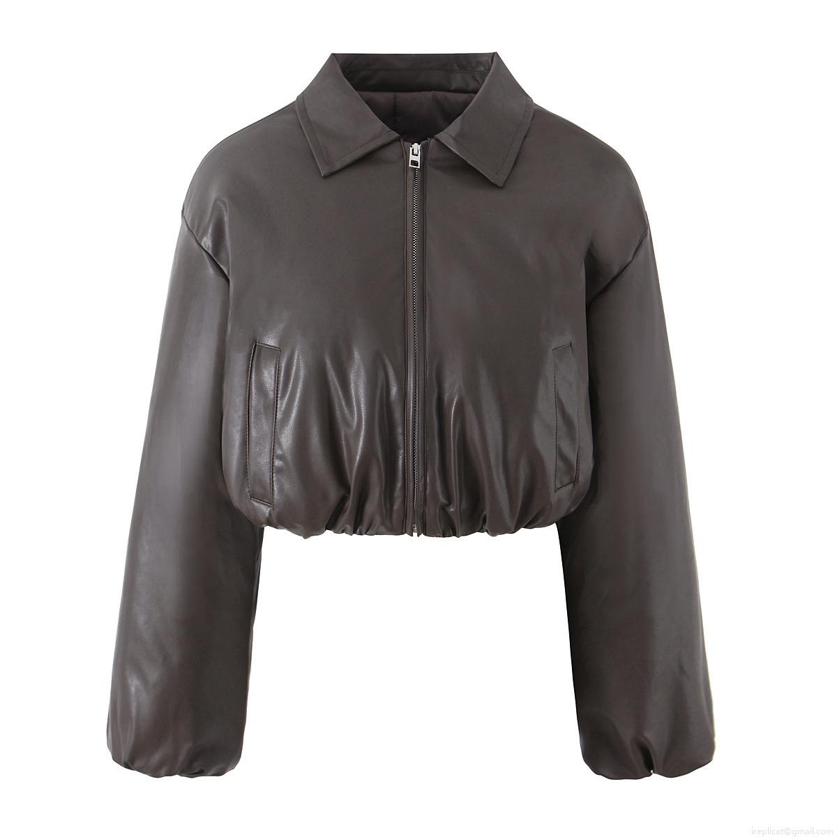 Women's PU Leather Short Padded Jacket Western Street Style Lapel Long Sleeve Cropped Winter Coat With Zipper And Pockets For Female