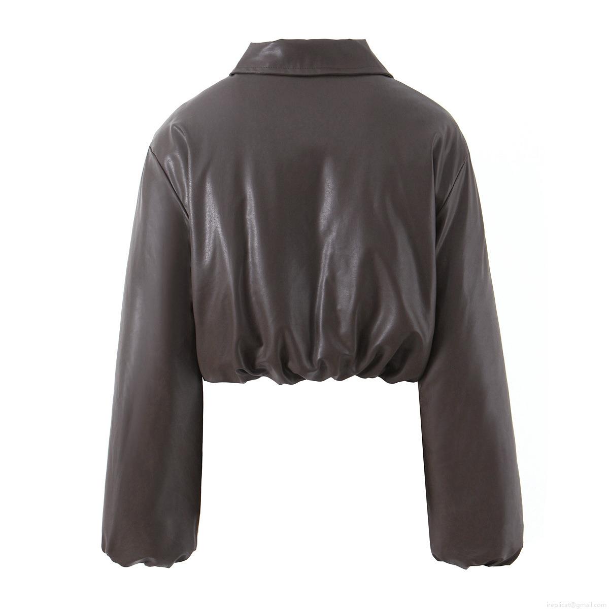Women's PU Leather Short Padded Jacket Western Street Style Lapel Long Sleeve Cropped Winter Coat With Zipper And Pockets For Female