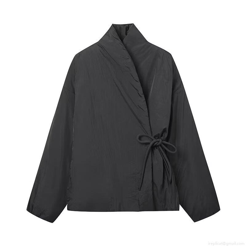 Women's Kimono Style Padded Quilted Coat Tie-Waist Solid Color Stand Collar Warm Jacket For Autumn Winter Streetwear Ladies Outerwear