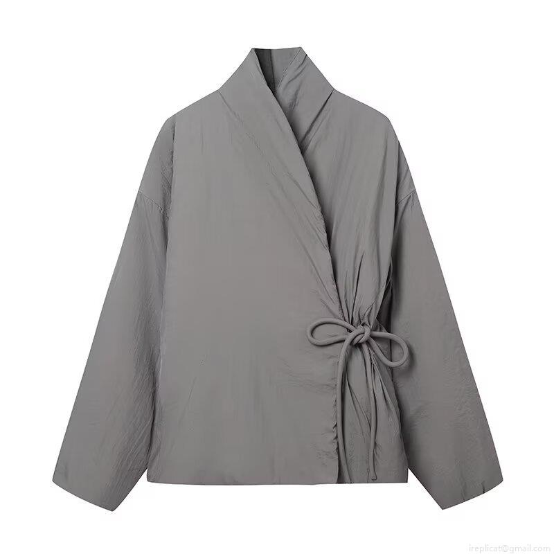 Women's Kimono Style Padded Quilted Coat Tie-Waist Solid Color Stand Collar Warm Jacket For Autumn Winter Streetwear Ladies Outerwear