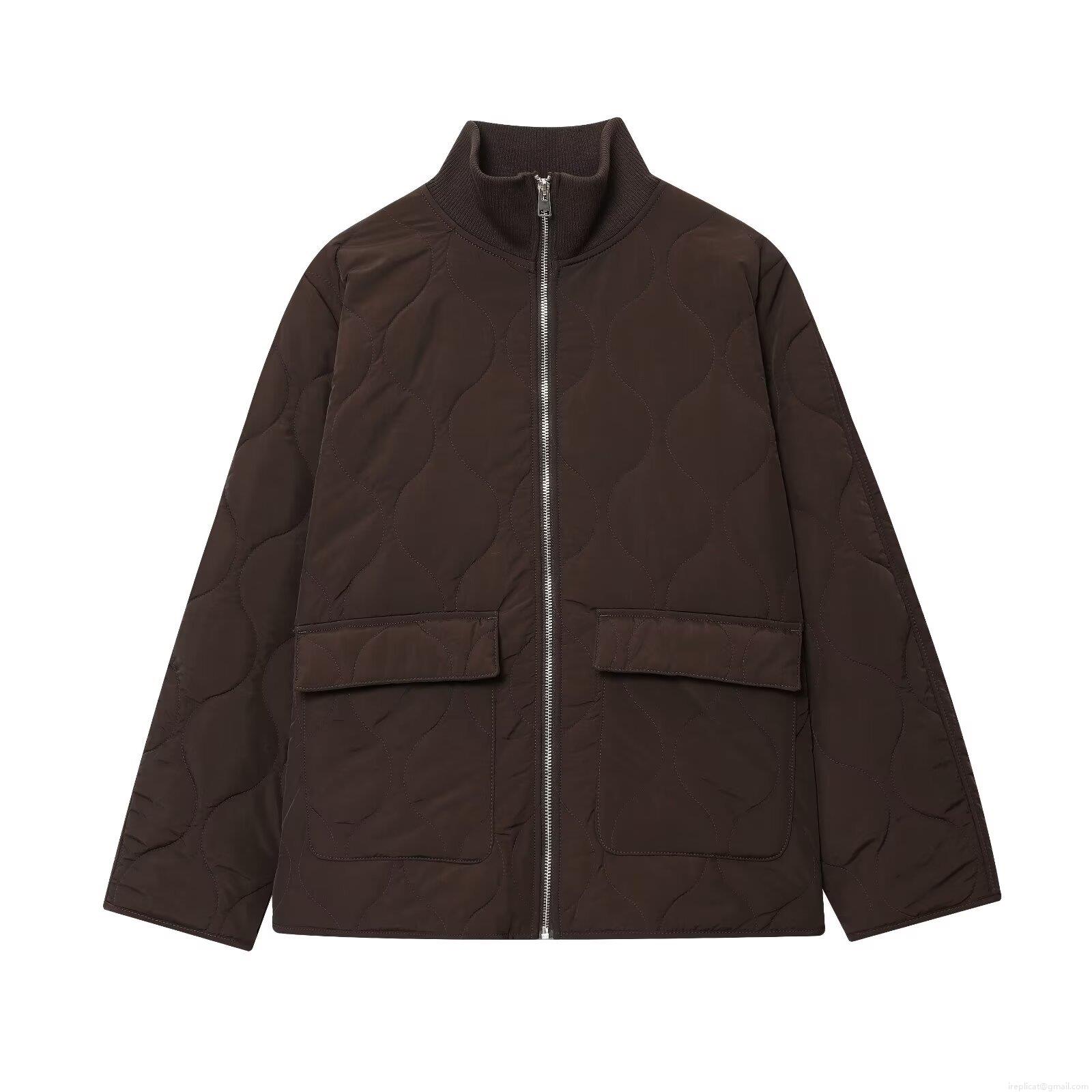 Women's European American Style Quilted Padded Jacket Vintage Stand Collar Long Sleeve Zipper Loose Outerwear With Pockets For Autumn Winter Casual Streetwear