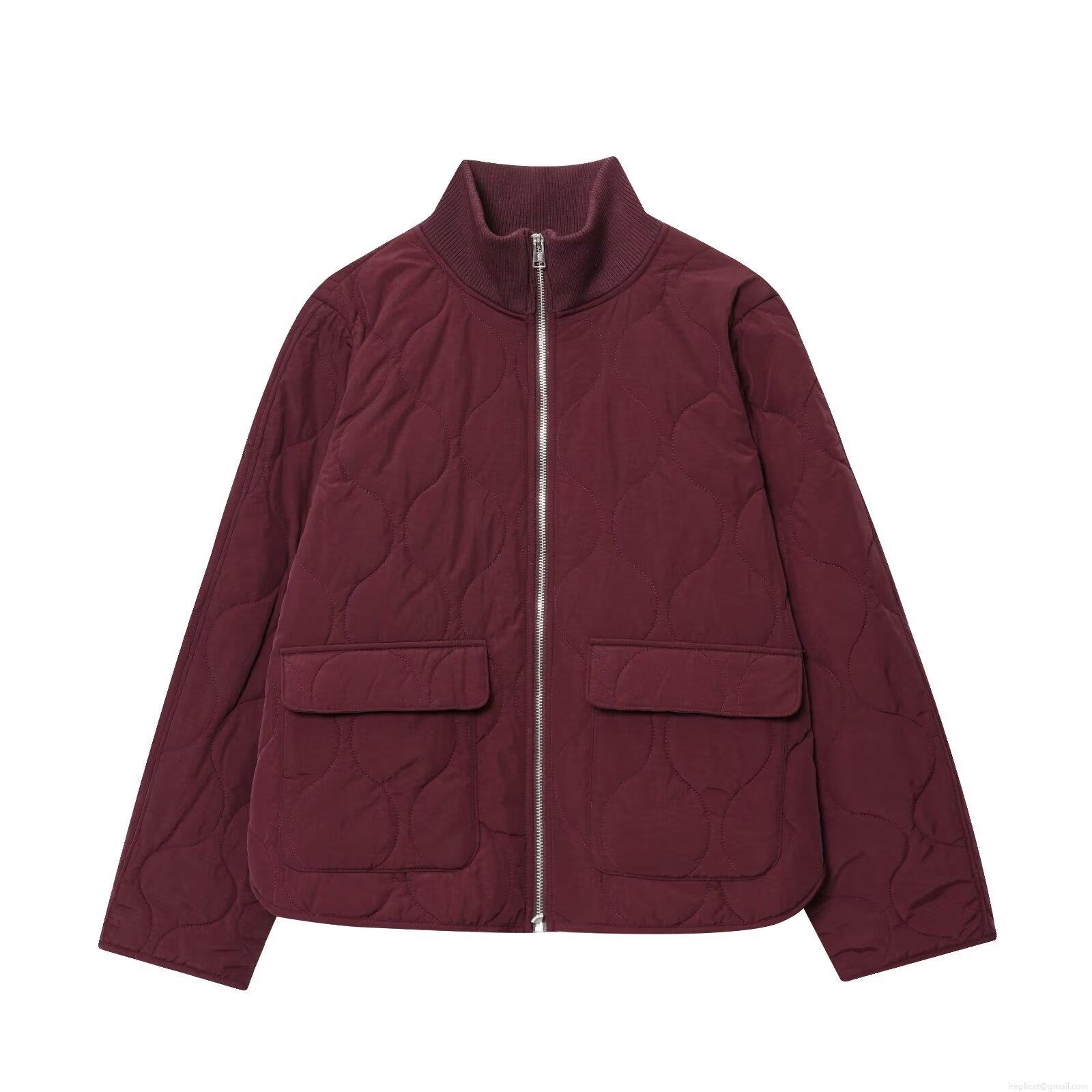 Women's European American Style Quilted Padded Jacket Vintage Stand Collar Long Sleeve Zipper Loose Outerwear With Pockets For Autumn Winter Casual Streetwear