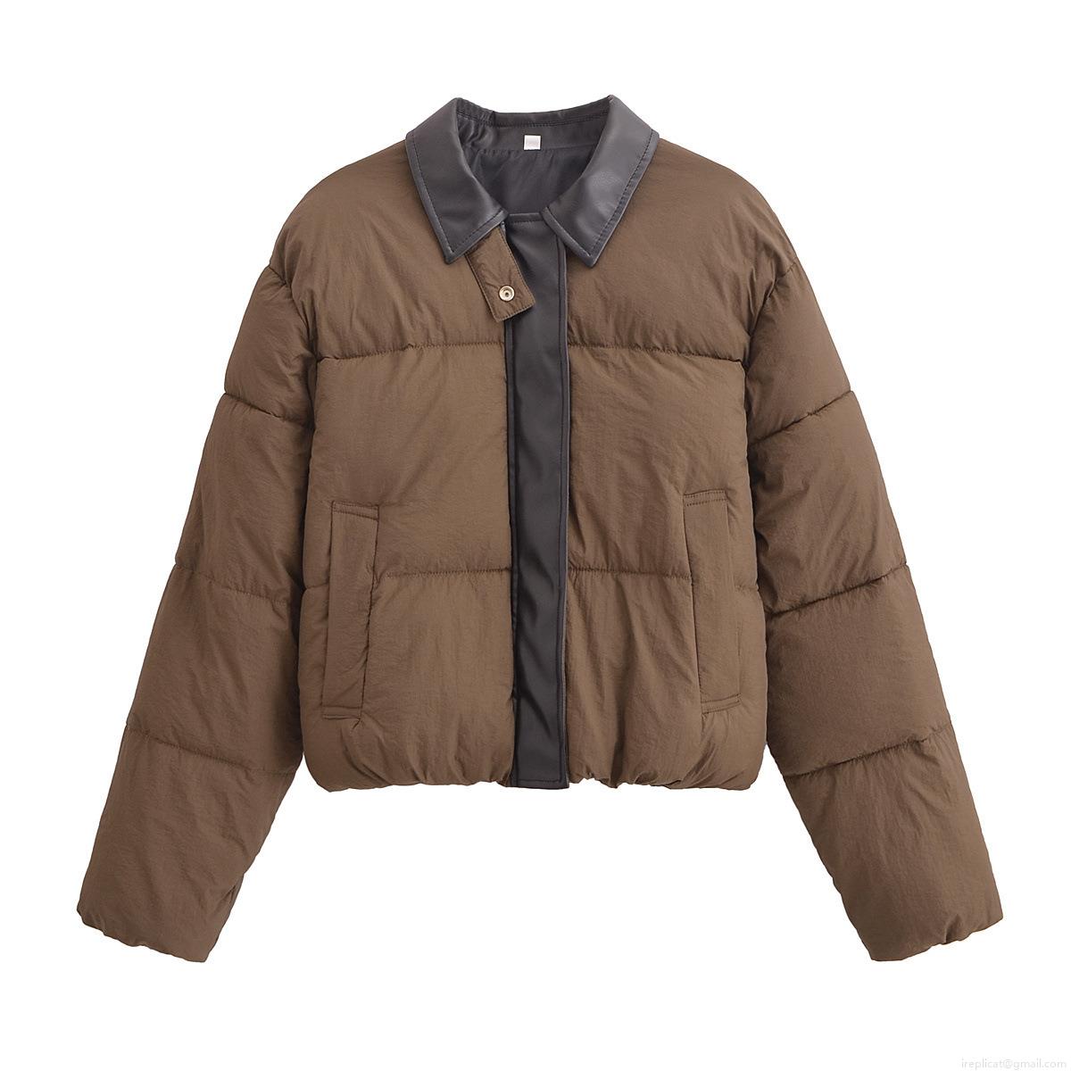 Women's PU Patchwork Padded Jacket Winter Quilted Short Coat With Turn-down Collar Loose Fit Warm Puffer Outerwear For Women Streetwear Solid Brown
