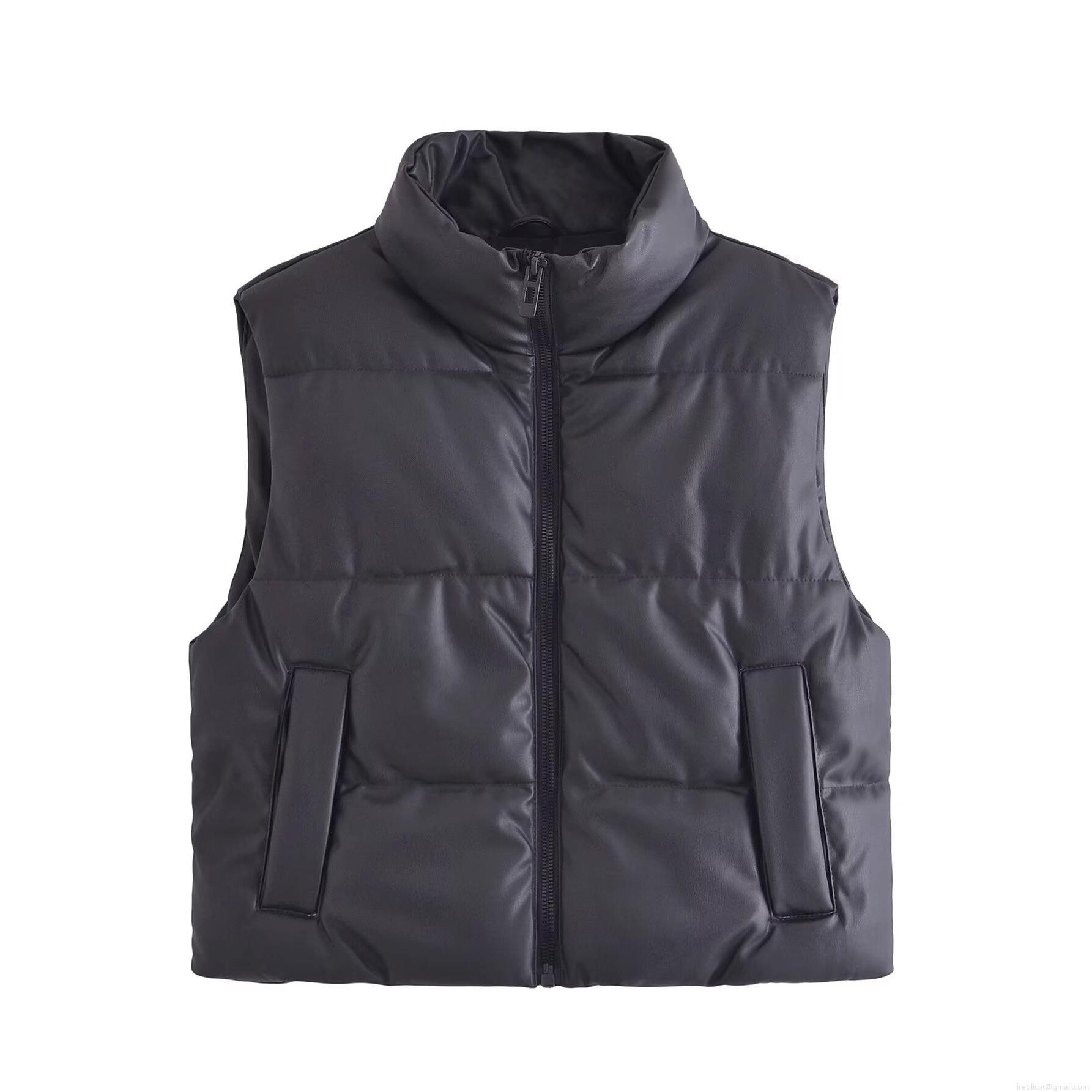 Women's Stand Collar PU Leather Quilted Vest Puffer Waistcoat Sleeveless Jacket Outerwear Autumn Winter Warm Streetwear Casual Zip Up Solid Color Short Gilet