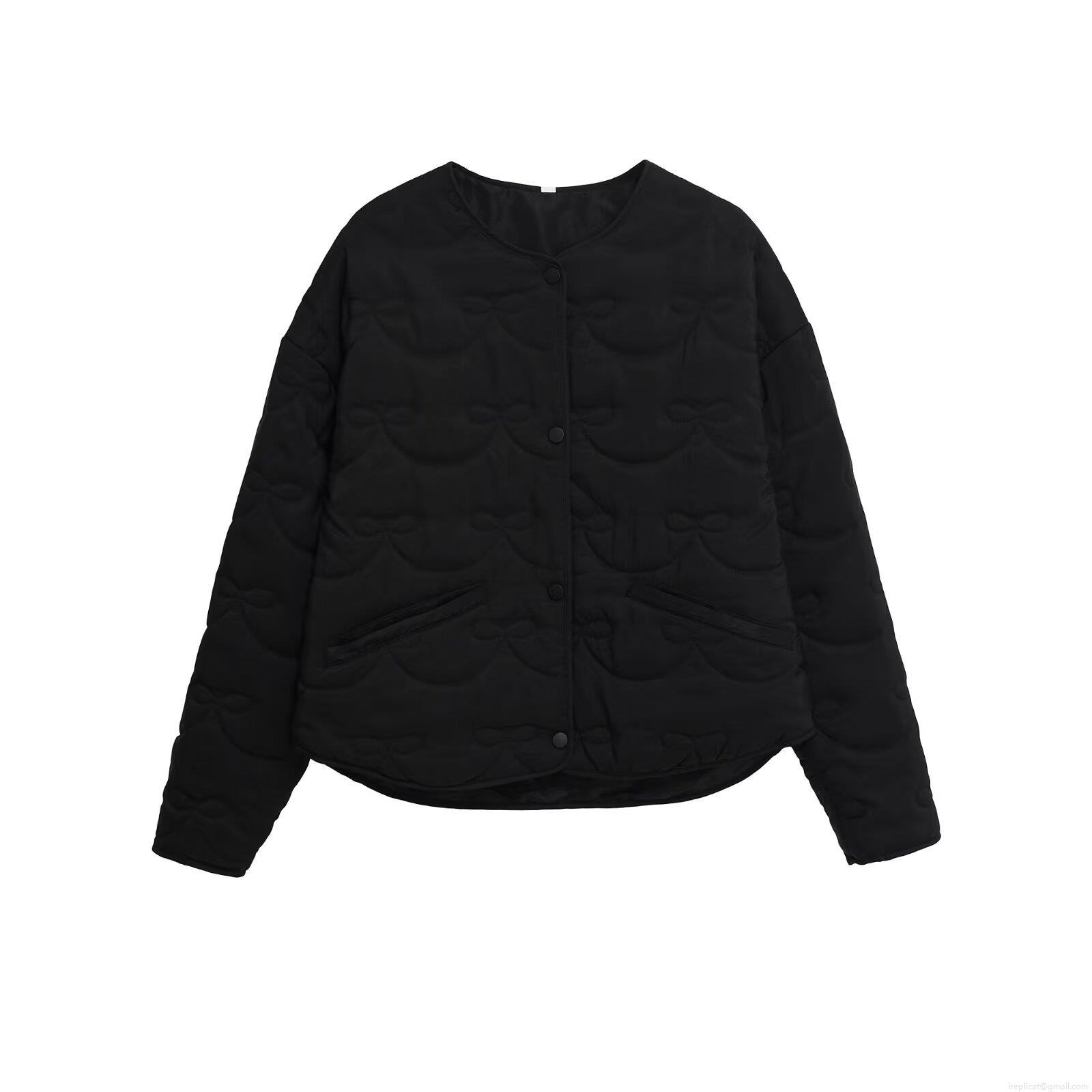 Women's Autumn Winter Bow Knot Pattern Quilted Jacket Casual Crew Neck Single Breasted Lightweight Puffer Cotton Coat Streetwear Outerwear For Women
