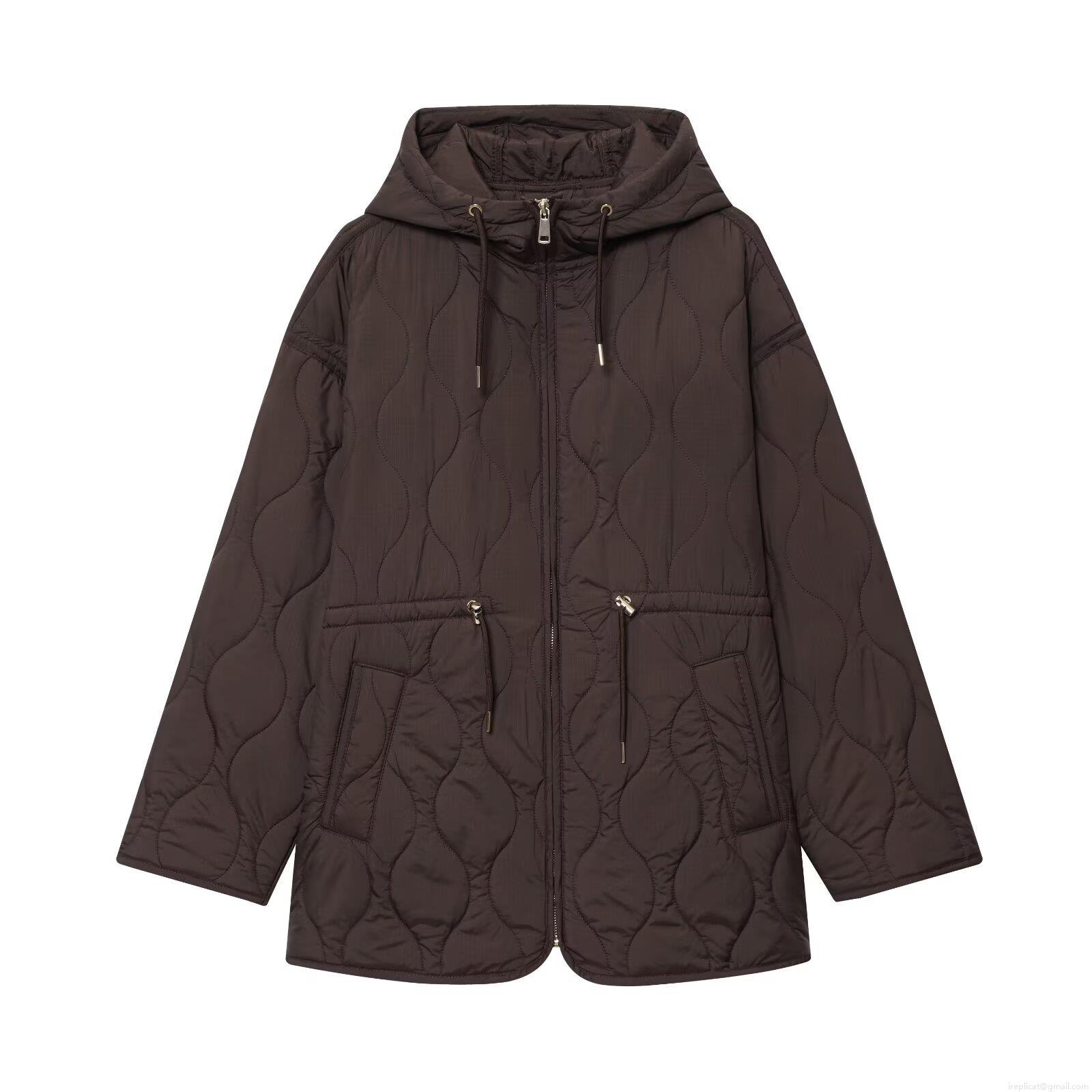 Women's Quilted Hooded Jacket Mid-Length Drawstring Waist Padded Cotton Coat Polyester Solid Color Long Sleeve Zip-Up Streetwear Style Warm Winter Jacket for Ladies