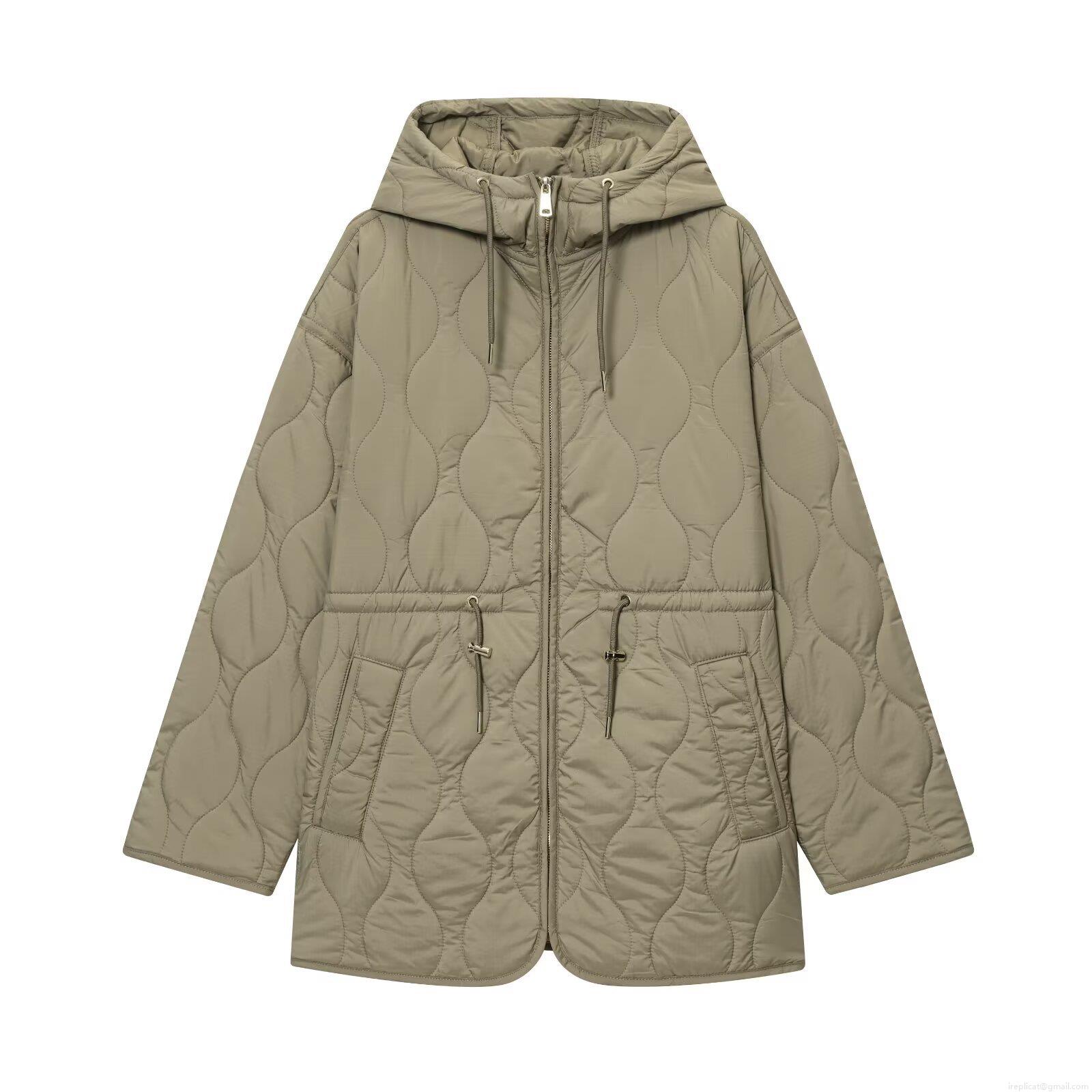 Women's Quilted Hooded Jacket Mid-Length Drawstring Waist Padded Cotton Coat Polyester Solid Color Long Sleeve Zip-Up Streetwear Style Warm Winter Jacket for Ladies