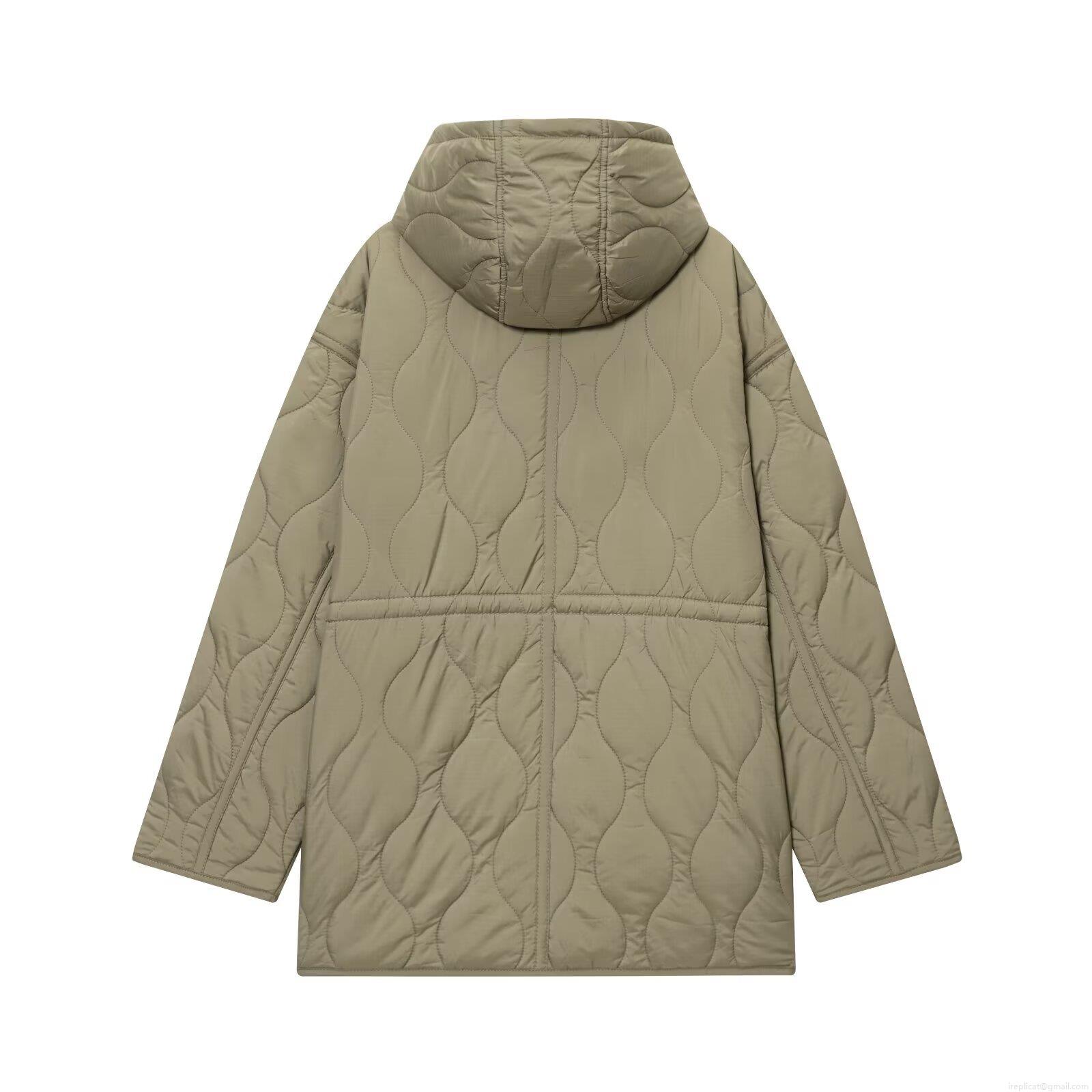 Women's Quilted Hooded Jacket Mid-Length Drawstring Waist Padded Cotton Coat Polyester Solid Color Long Sleeve Zip-Up Streetwear Style Warm Winter Jacket for Ladies
