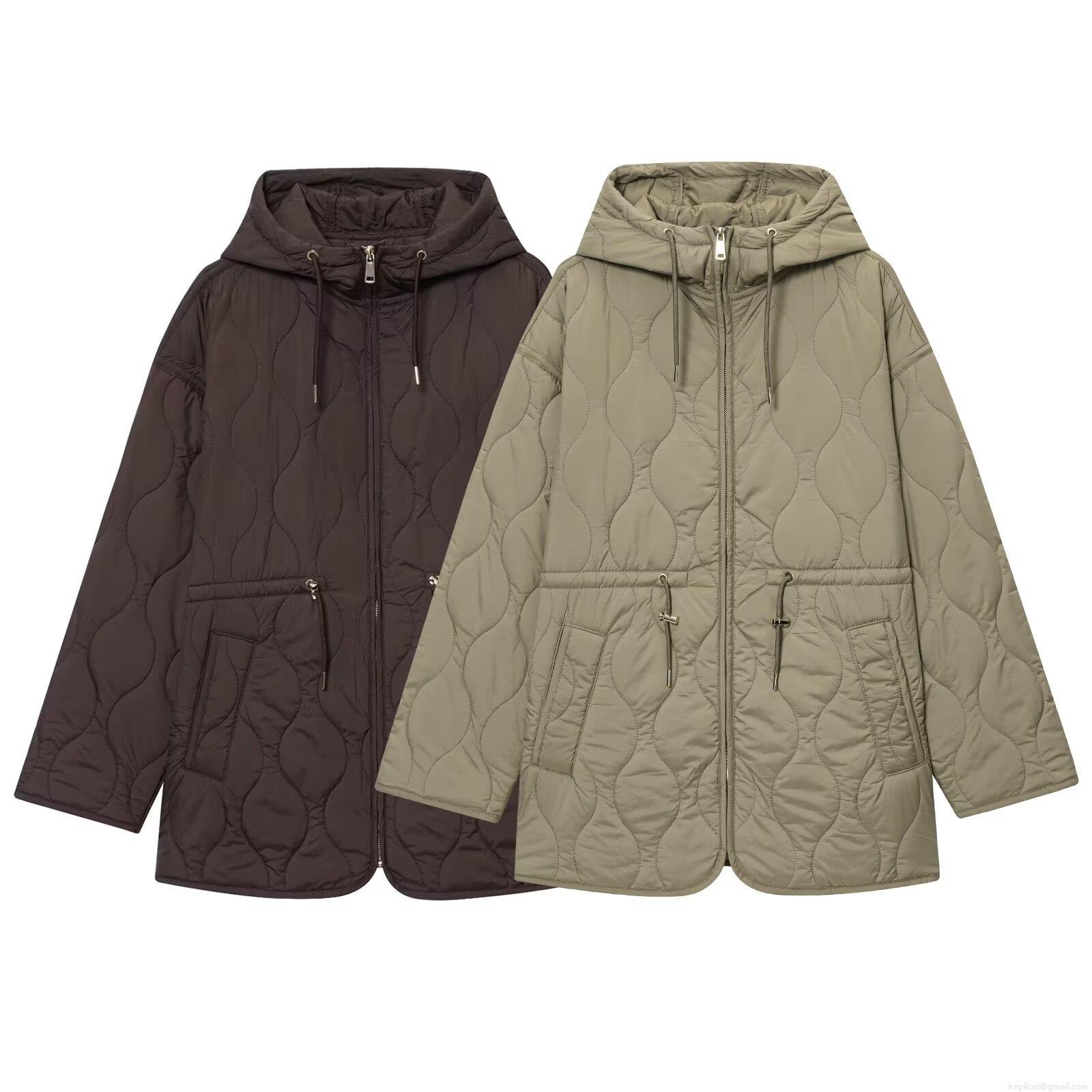 Women's Quilted Hooded Jacket Mid-Length Drawstring Waist Padded Cotton Coat Polyester Solid Color Long Sleeve Zip-Up Streetwear Style Warm Winter Jacket for Ladies