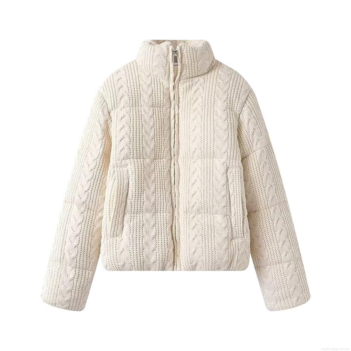 Women Stand Collar Puffer Jacket Knit Patchwork Cable Knit Padded Coat Winter Warm Streetwear Zipper Outerwear Long Sleeve For Women
