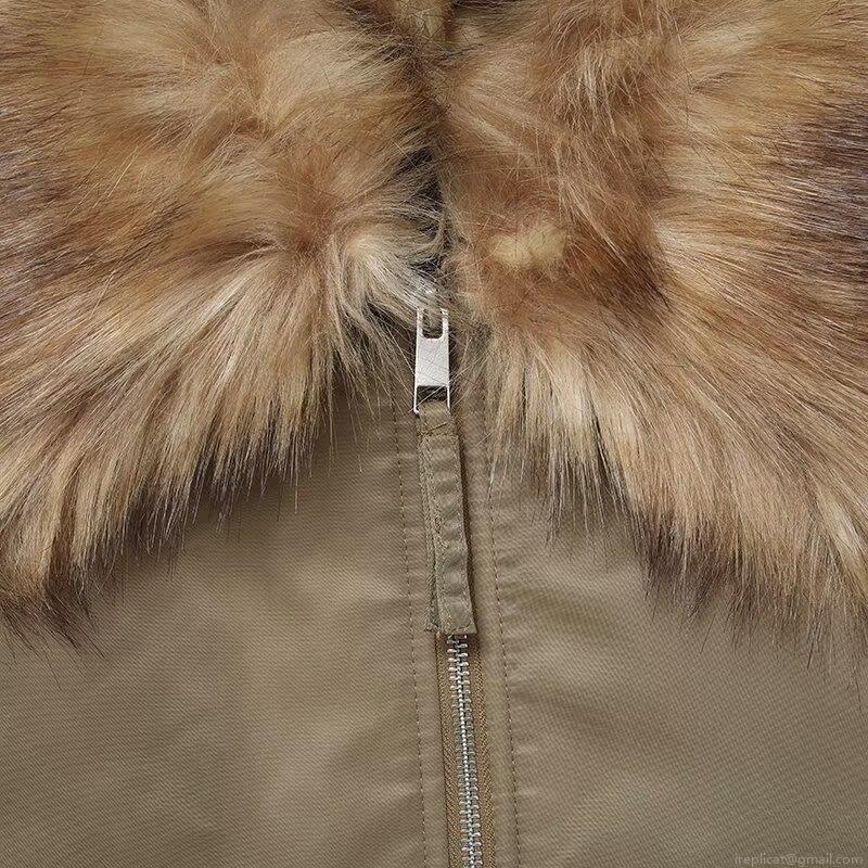 Women's Winter Khaki Puffer Jacket With Detachable Faux Fur Collar Long Sleeve Zipper Bomber Jacket Outerwear For Ladies Warm Casual Coat
