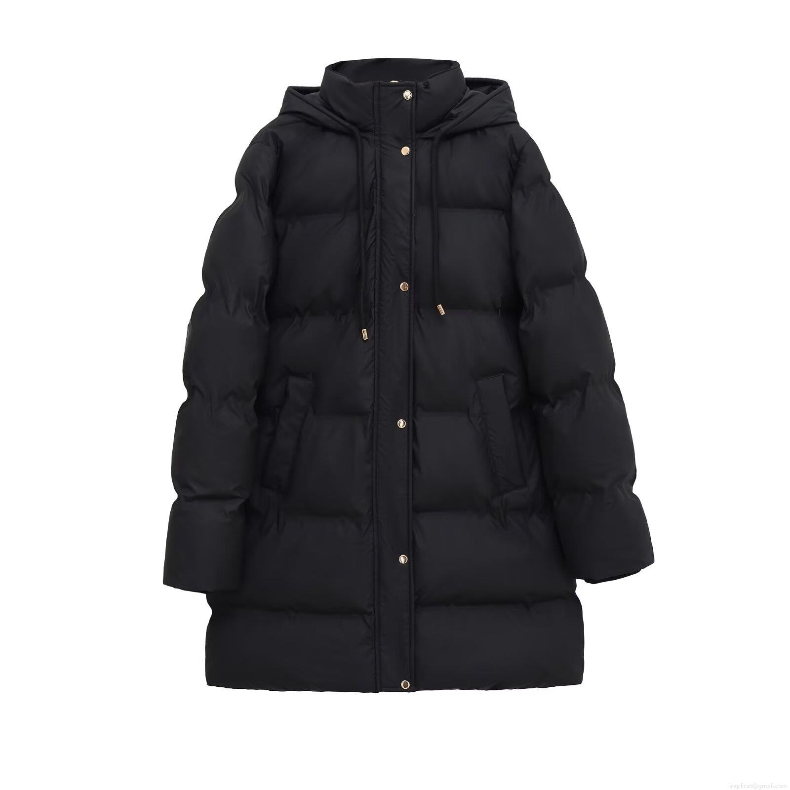 Women's Mid-Length Hooded Puffer Coat 100% Polyester Windproof Quilted Winter Cotton-Padded Jacket Streetwear Warm Outerwear With Zipper And Gold Buttons Closure