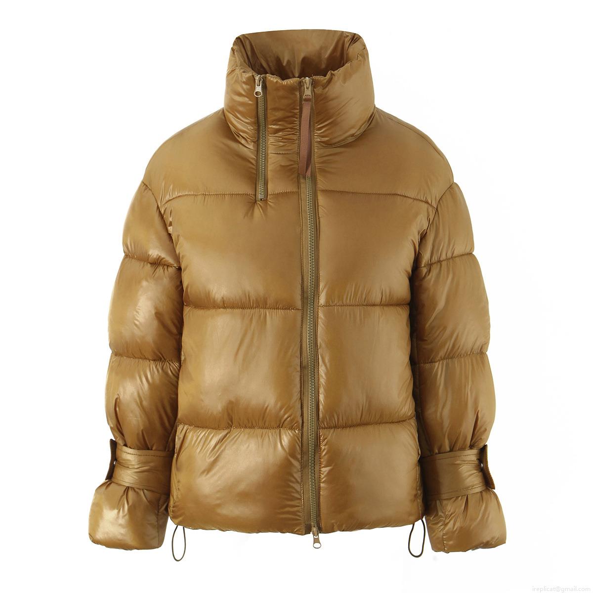 Women's Glossy Puffer Jacket Winter Warm Stand Collar Long Sleeve Quilted Padded Coat Shiny Streetwear Outwear With Dual Zippers Red Gold