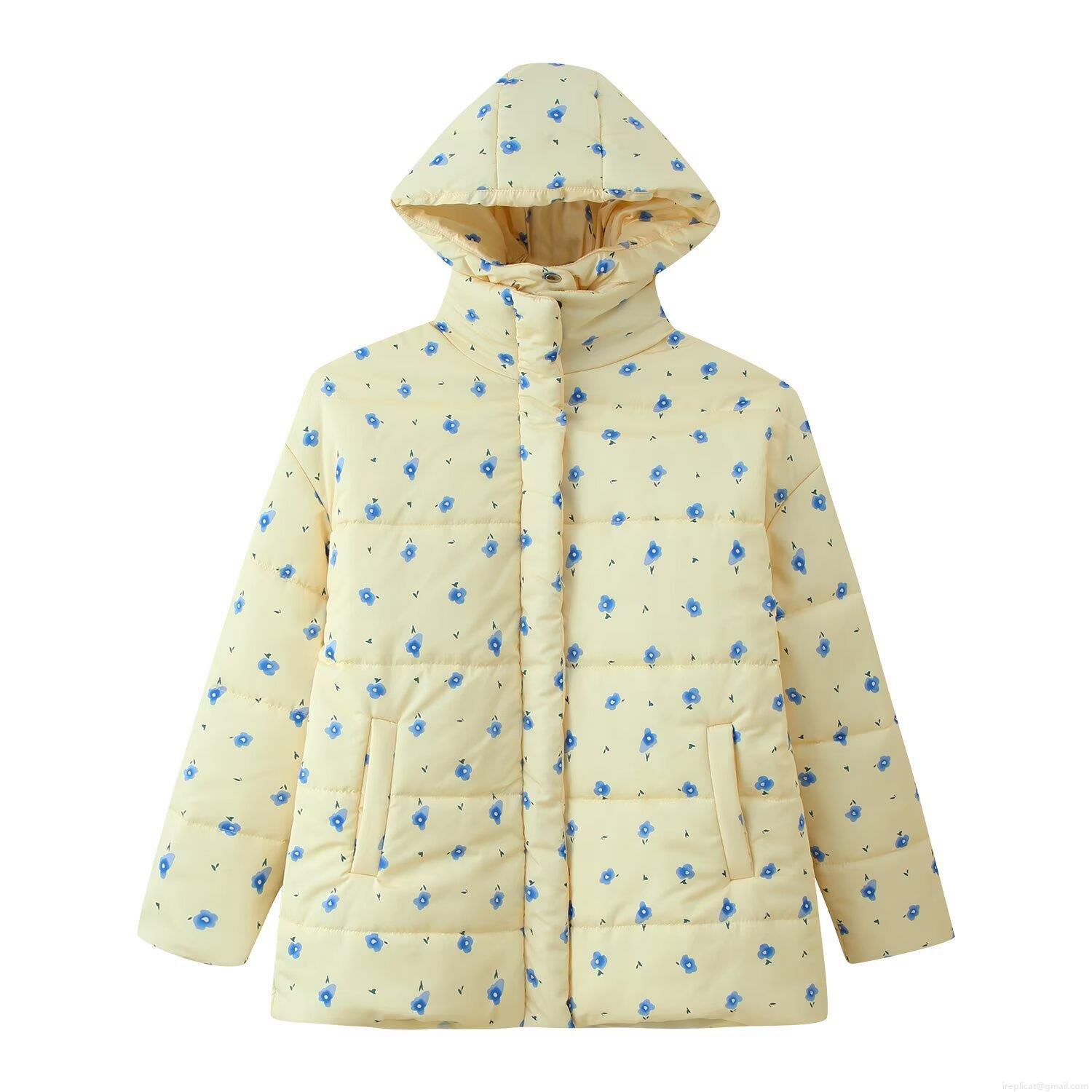 Women Floral Printed Hooded Padded Jacket Polyester Quilted Warm Winter Coat Loose Streetwear Outerwear For Autumn Winter Long Sleeve Zipper Up Puffer Jacket