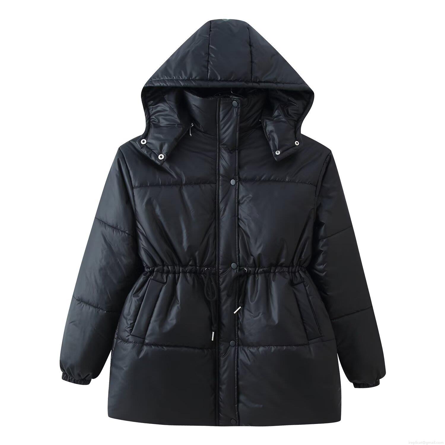 Women's Winter Puffer Padded Jacket Mid-Length Hooded Long Sleeve Outerwear With Waist Drawstring Street Style Windproof Warm Coat Zipper Button Closure