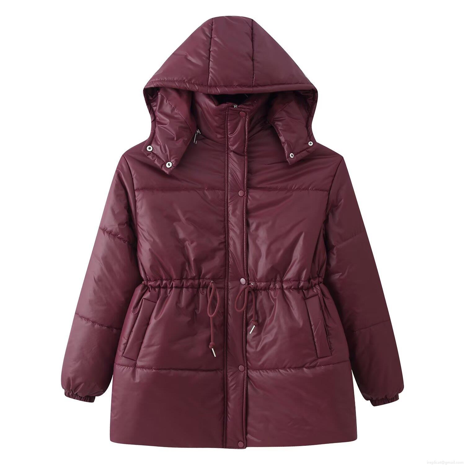 Women's Winter Puffer Padded Jacket Mid-Length Hooded Long Sleeve Outerwear With Waist Drawstring Street Style Windproof Warm Coat Zipper Button Closure