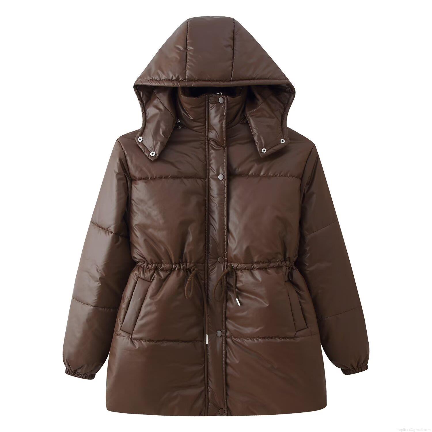 Women's Winter Puffer Padded Jacket Mid-Length Hooded Long Sleeve Outerwear With Waist Drawstring Street Style Windproof Warm Coat Zipper Button Closure