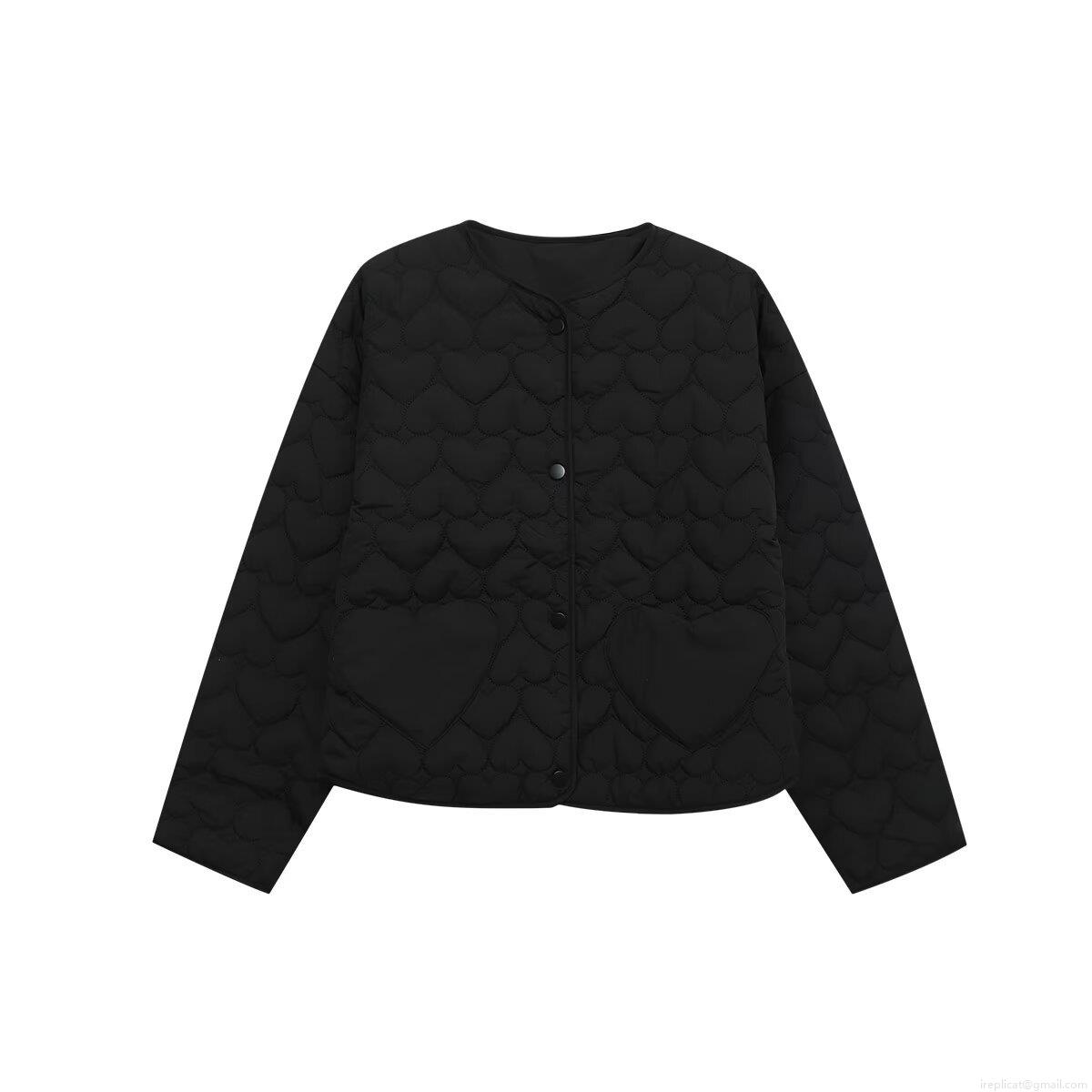 Women's Fashion Heart Quilted Padded Jacket Round Neck Long Sleeve Button Up Short Coat Polyester Padded Winter Warm Streetwear Outwear For Ladies