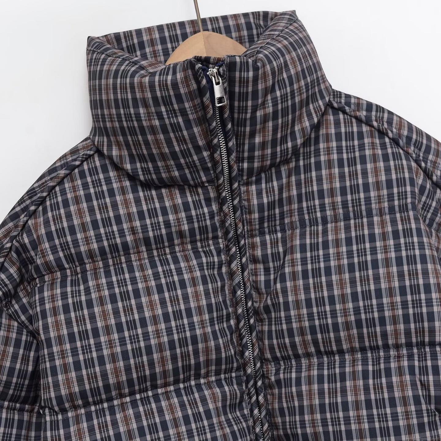 Women's Plaid Puffer Jacket Stand Collar Drawstring Hem Zip-Up Checkered Cotton-Padded Coat Warm Windproof Winter Outwear Casual Fashion Lady