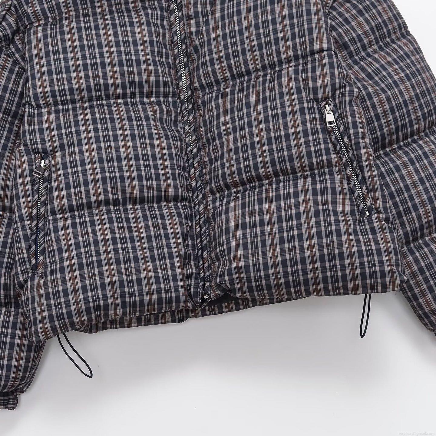 Women's Plaid Puffer Jacket Stand Collar Drawstring Hem Zip-Up Checkered Cotton-Padded Coat Warm Windproof Winter Outwear Casual Fashion Lady