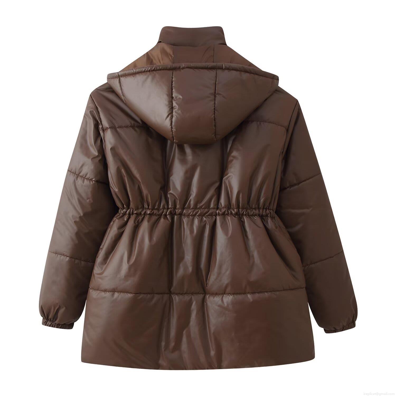 Women's Winter Padded Jacket Polyester Hooded Long Sleeve Mid-length Casual Drawstring Waist Puffer Coat Solid Color Warm Outerwear For Women