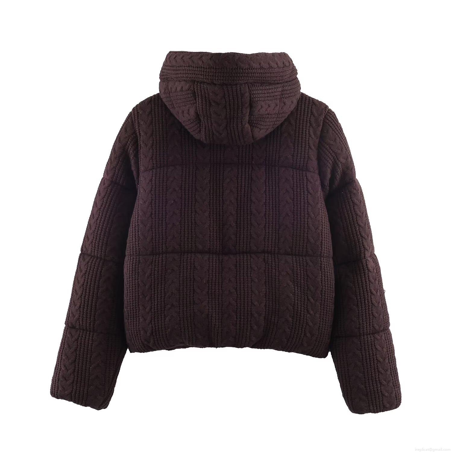 Women's Winter Fashion Casual Cable Knit Texture Hooded Cotton-Padded Jacket Loose Short Puffer Coat With Full Zip And Pockets Ladies Warm Outerwear